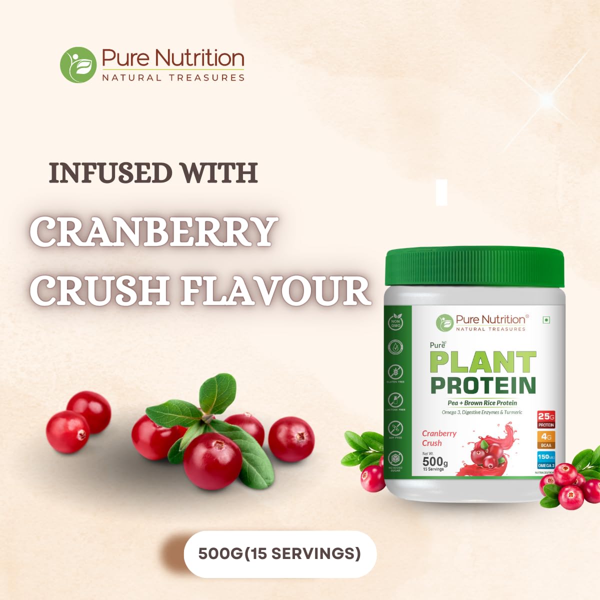 Pure Nutrition Plant Protein Powder Cranberry Crush, 500g, for Men, Women With Pea & Brown Rice Protein with Omega3, Digestive Enzymes & Turmeric | Plant-based, Vegan Supplement for Muscle Growth & Strength | No Artificial Sweeteners