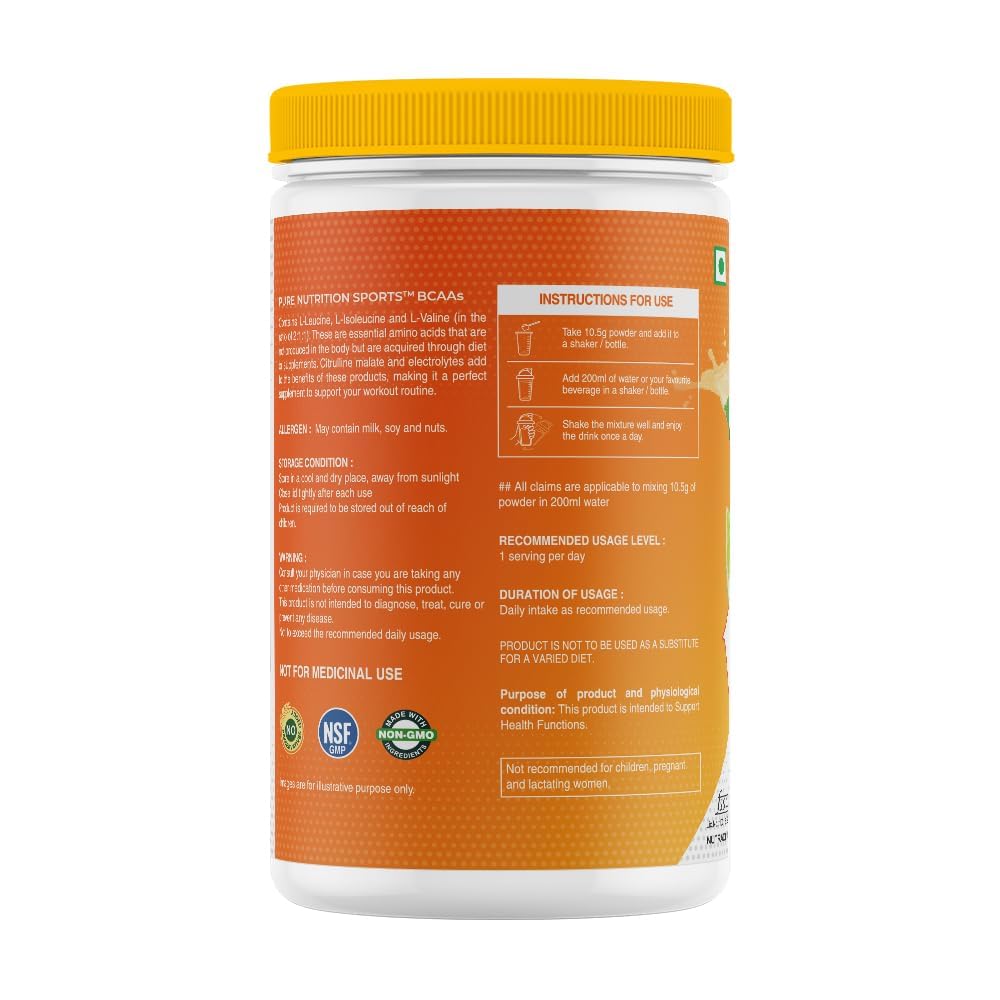 Pure Nutrition Sports BCAA supplement 2:1:1 (250g) | Lemon Orange Flavor with L-Glutamine, Grapeseed & Piperine, Sugar Free Amino Acid Supplement, Workout Muscle Recovery Drink for Muscle Growth, 23 Servings