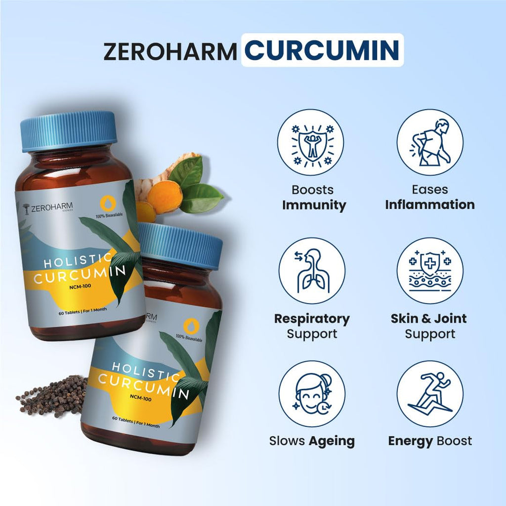 ZEROHARM Holistic Curcumin Tablets with 95% Curcuminoids & Piperine - Turmeric Supplement for Joints, Immunity for Men, Women - Nano Formulated 60 Tablets