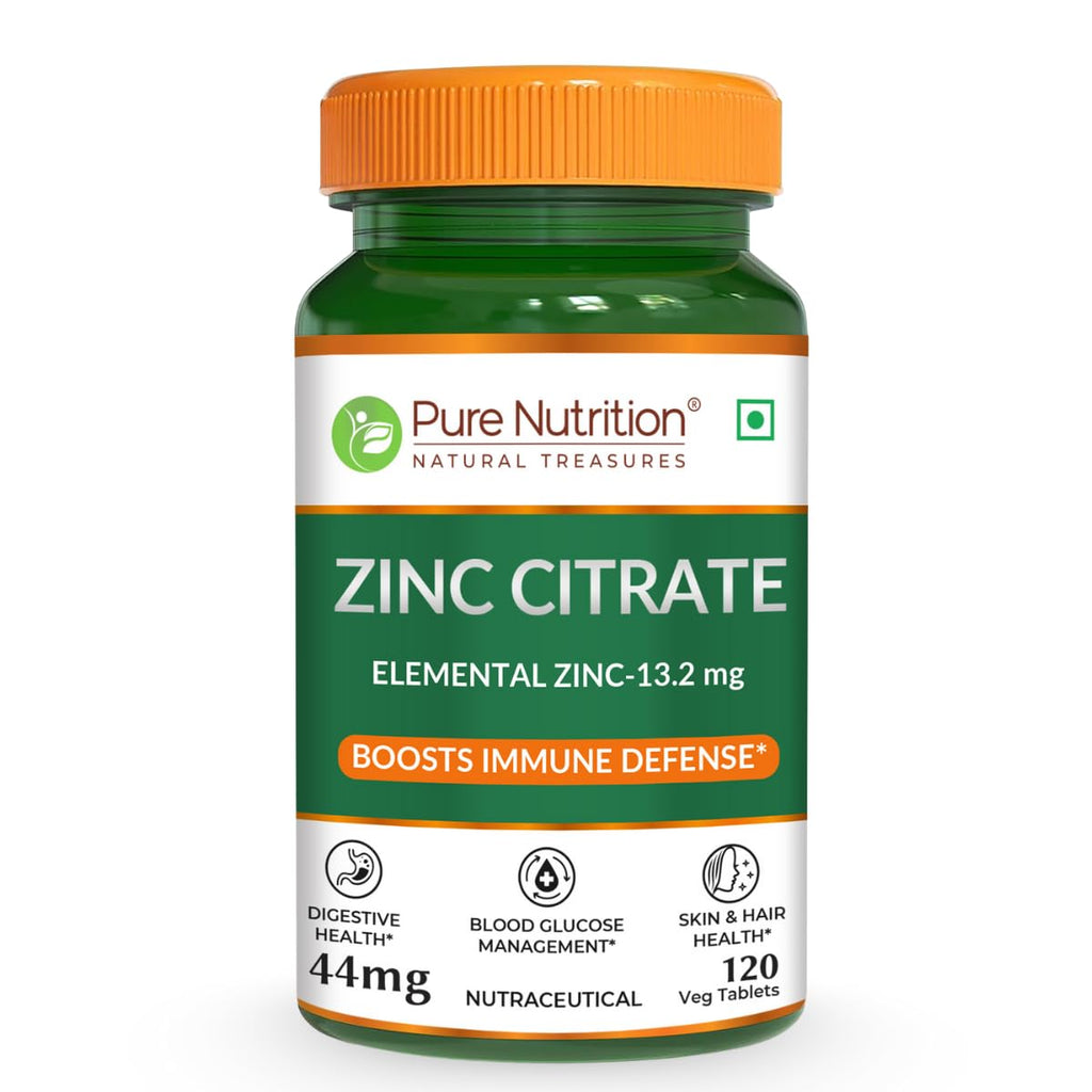 Pure Nutrition Zinc Citrate Tablets 44mg | High Absorption Zinc Supplement for Immunity, Blood Sugar & Bone Health | Supports Muscle Recovery, Skin Glow, Hair Strength & Nail Growth | Essential Mineral for Overall Wellness – 120 Veg Tablets