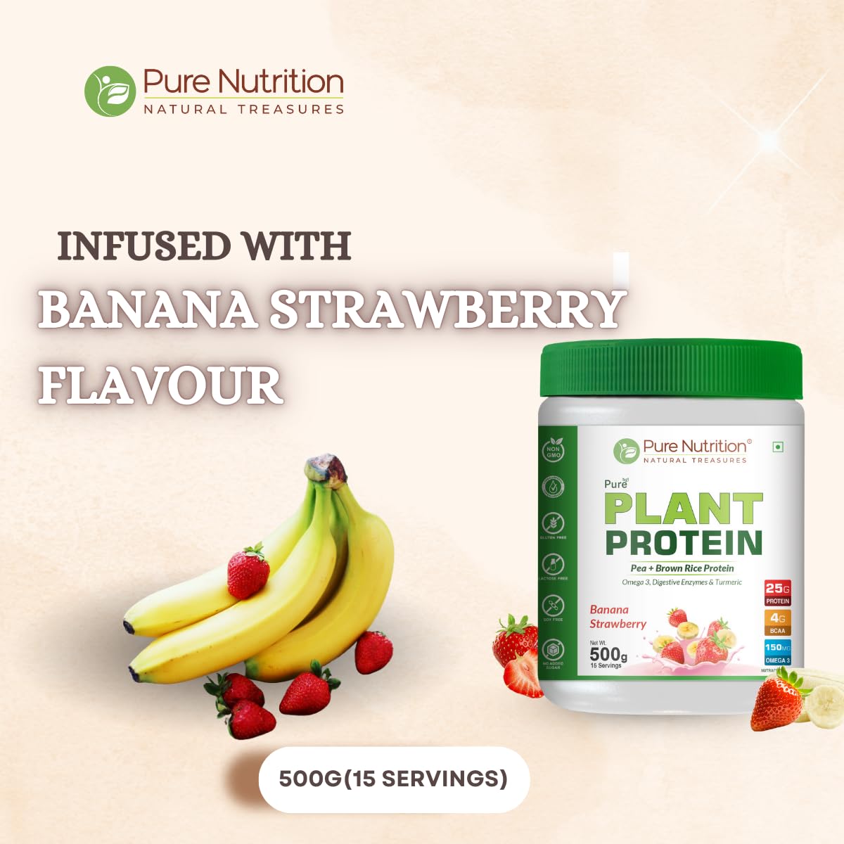 Pure Nutrition Plant Protein Powder -Banana & Strawberry (500g) for Men, Women, With Pea & Brown Rice Protein with Omega3, Digestive Enzymes & Turmeric | Plant-based, Vegan Supplement for Muscle Growth & Strength | No Artificial Sweeteners
