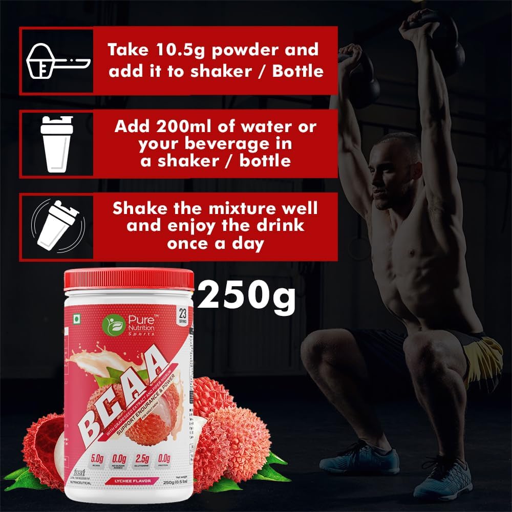 Pure Nutrition Sports BCAA supplement 2:1:1 (250g) Lychee with L-Glutamine, Grapeseed & Piperine Extract, Sugar Free Amino Acid Supplement, Workout Muscle Recovery Drink for Muscle Growth, 23 Servings