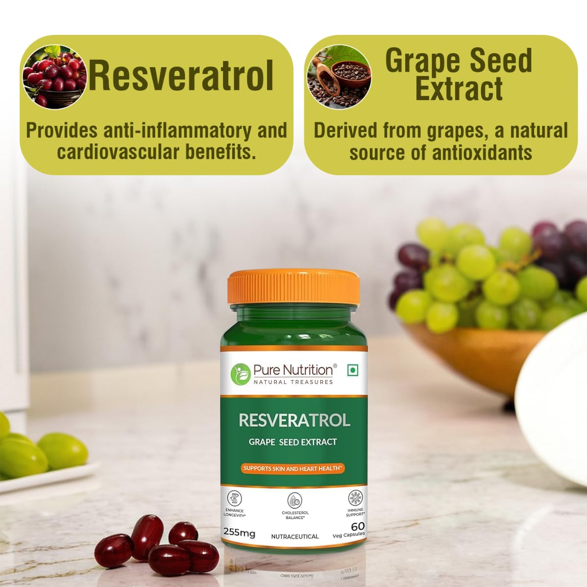 Pure Nutrition Resveratrol Capsules 255mg for Anti-Aging, Heart Health & Immunity | Powerful Antioxidant with Grape Seed Extract for Skin Radiance & Healthy Aging