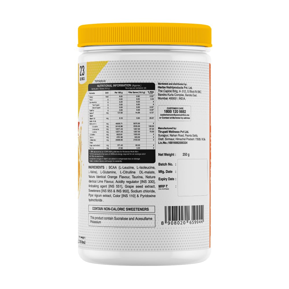 Pure Nutrition Sports BCAA supplement 2:1:1 (250g) | Lemon Orange Flavor with L-Glutamine, Grapeseed & Piperine, Sugar Free Amino Acid Supplement, Workout Muscle Recovery Drink for Muscle Growth, 23 Servings