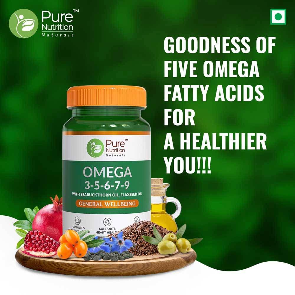 Pure Nutrition Omega 3-5-6-7-9 with Seabuckthorn & Flaxseed Oil | Veg Softgels for Heart & Brain Health