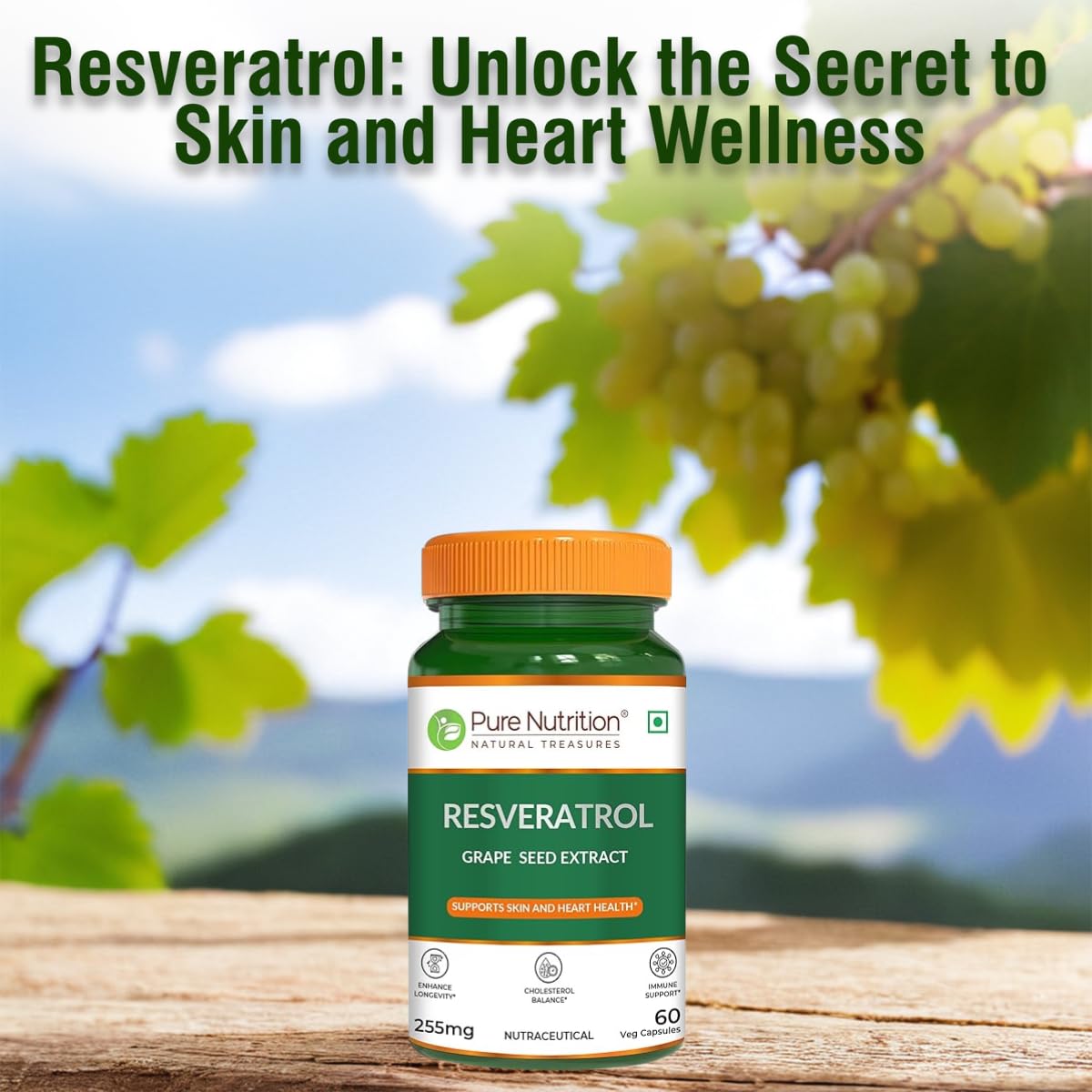 Pure Nutrition Resveratrol Capsules 255mg for Anti-Aging, Heart Health & Immunity | Powerful Antioxidant with Grape Seed Extract for Skin Radiance & Healthy Aging