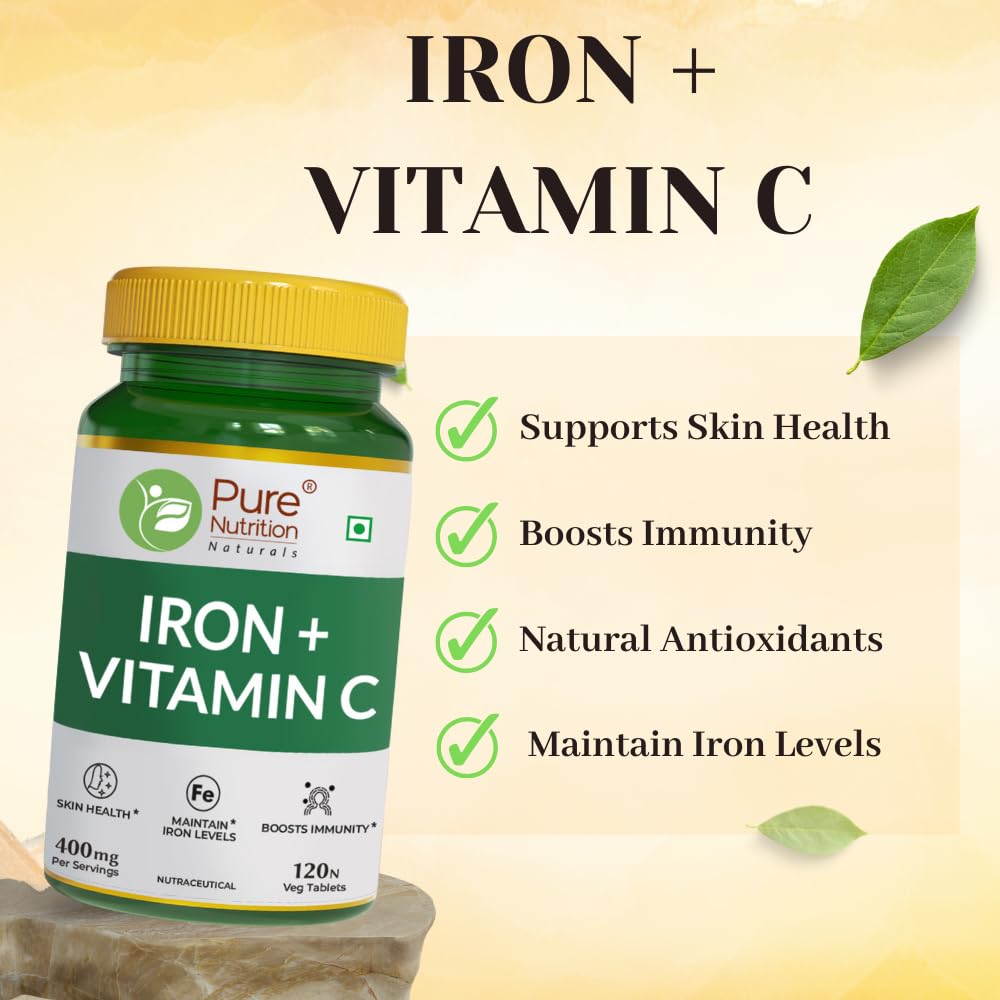 Pure Nutrition Iron + Vitamin C Tablets - 400mg for Men & Women | Supports Haemoglobin, Boosts Immunity, Improves Skin Health & Maintains Iron Levels | Energy & Vitality – 120 Veg Tablets