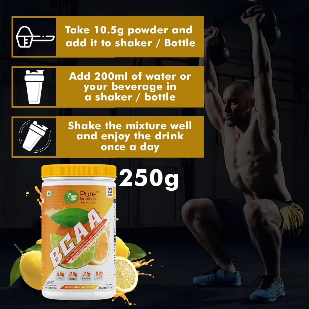 Pure Nutrition Sports BCAA supplement 2:1:1 (250g) | Lemon Orange Flavor with L-Glutamine, Grapeseed & Piperine, Sugar Free Amino Acid Supplement, Workout Muscle Recovery Drink for Muscle Growth, 23 Servings