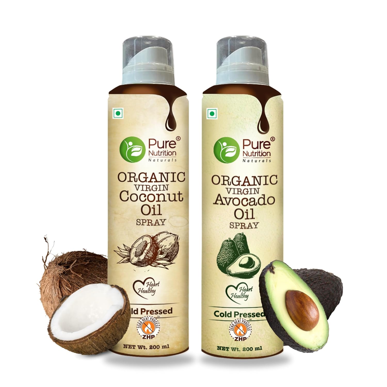 Pure Nutrition Combo Pack Of Virgin Coconut Oil & Avocado Oil Cooking Spray 200ml |100% Organic | Low Calorie Cooking - 10X LESS Oil | For Cooking, Dressing, Sauteing, Baking & Frying | Good for Skin