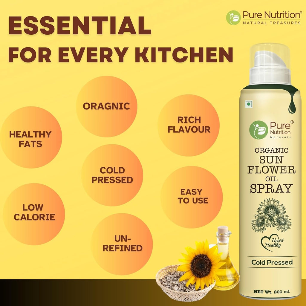 Pure Nutrition Sunflower Oil Cooking Spray - 200ml | 100% Pure & Edible | Healthy Cooking with 10X Less Oil | Ideal for Baking, Grilling & Frying | High Smoke Point | Light, Even Spray for Low-Calorie Meals & Heart Health
