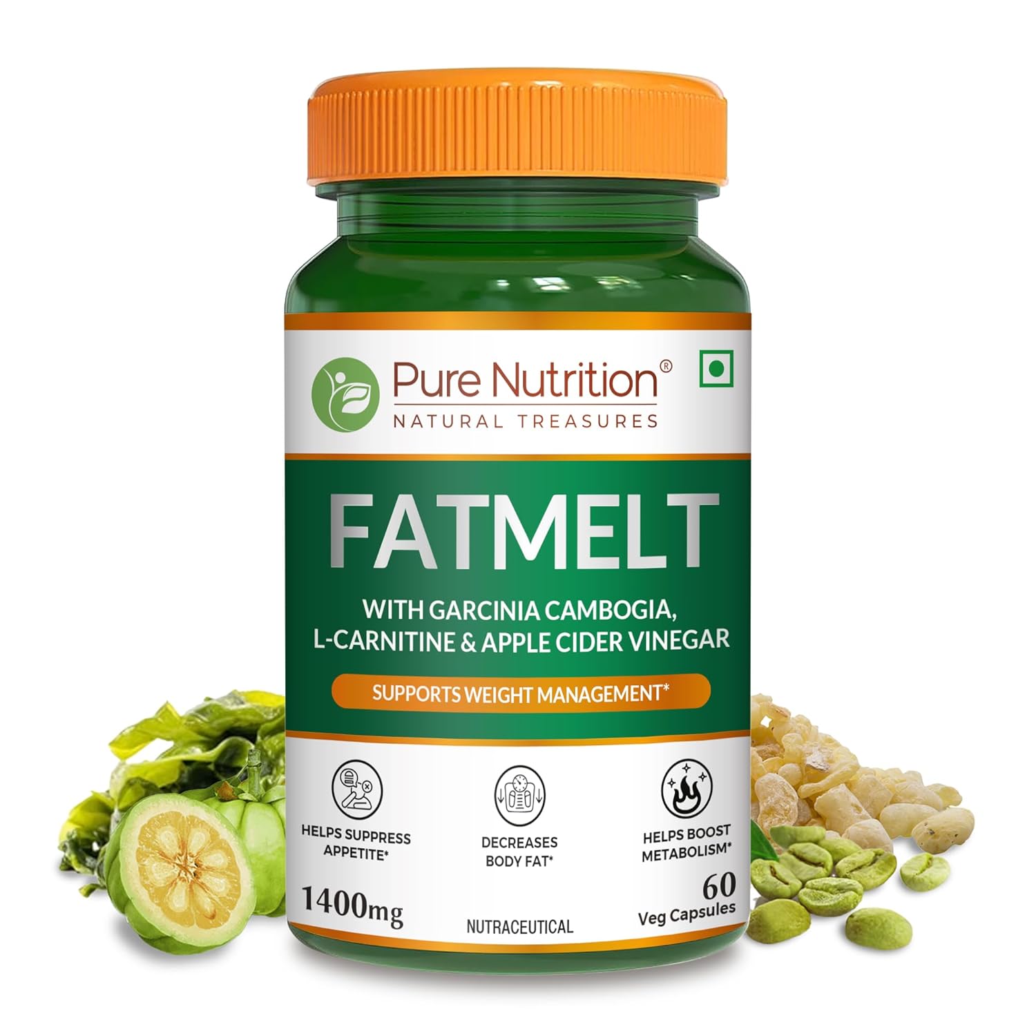 Pure Nutrition Fatmelt Capsules with Garcinia Cambogia, L-Carnitine & Apple Cider Vinegar For Appetite Control, Weight Management - 60 Veg Capsules