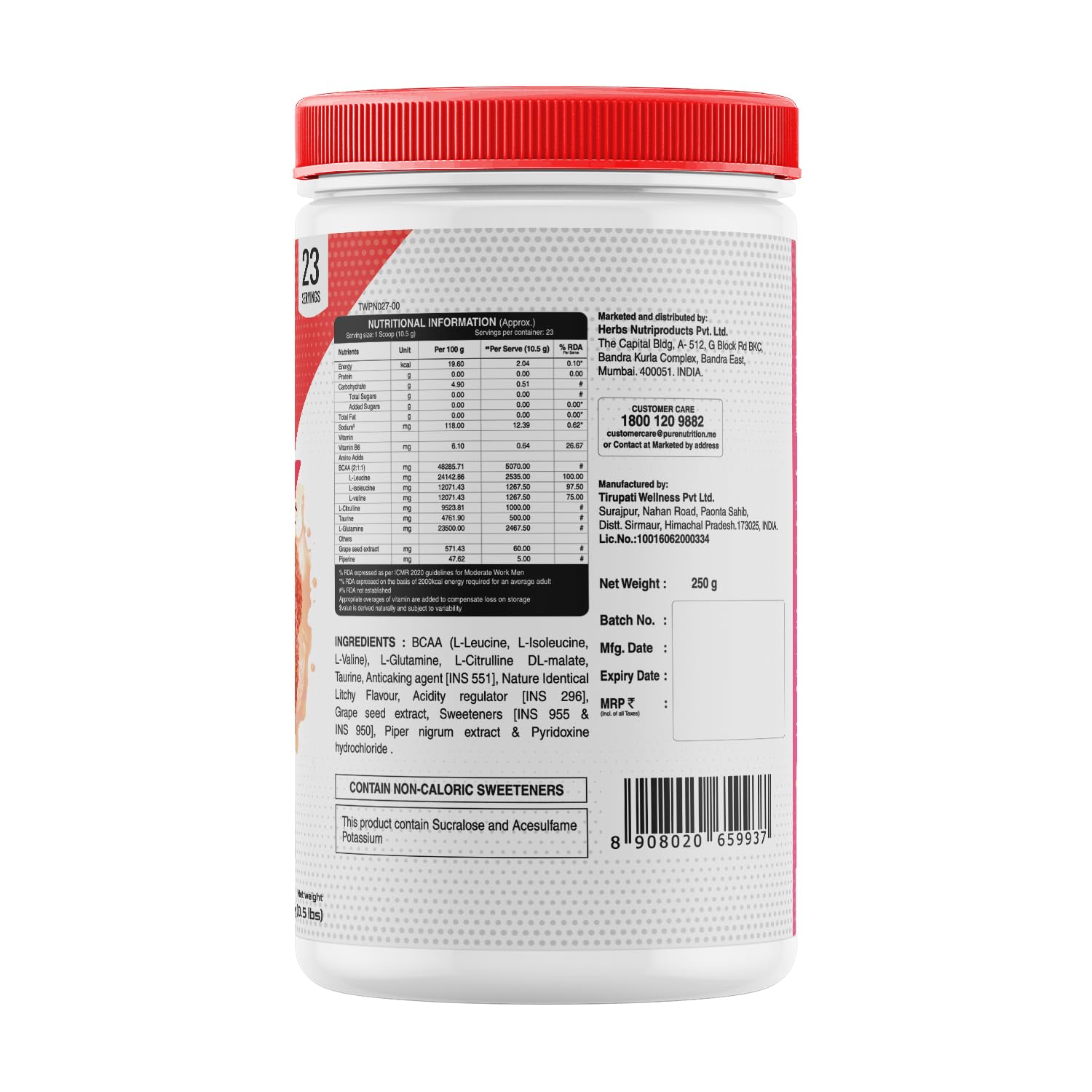 Pure Nutrition Sports BCAA supplement 2:1:1 (250g) Lychee with L-Glutamine, Grapeseed & Piperine Extract, Sugar Free Amino Acid Supplement, Workout Muscle Recovery Drink for Muscle Growth, 23 Servings