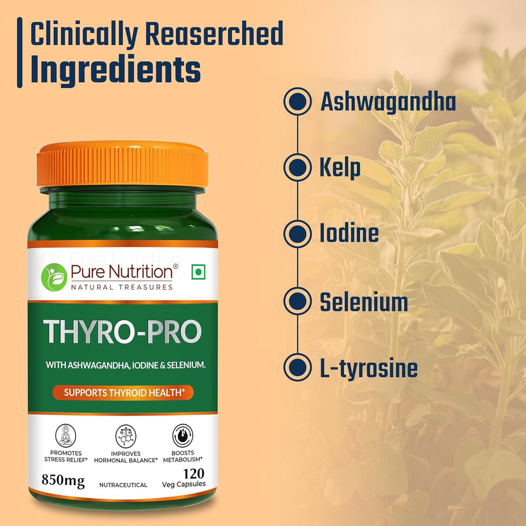 Pure Nutrition Thyro Pro Capsules | With Ashwagandha, Iodine & Selenium | Supports Thyroid Function, Balances Hormones| Promotes Overall Wellness - 120 Veg Capsules