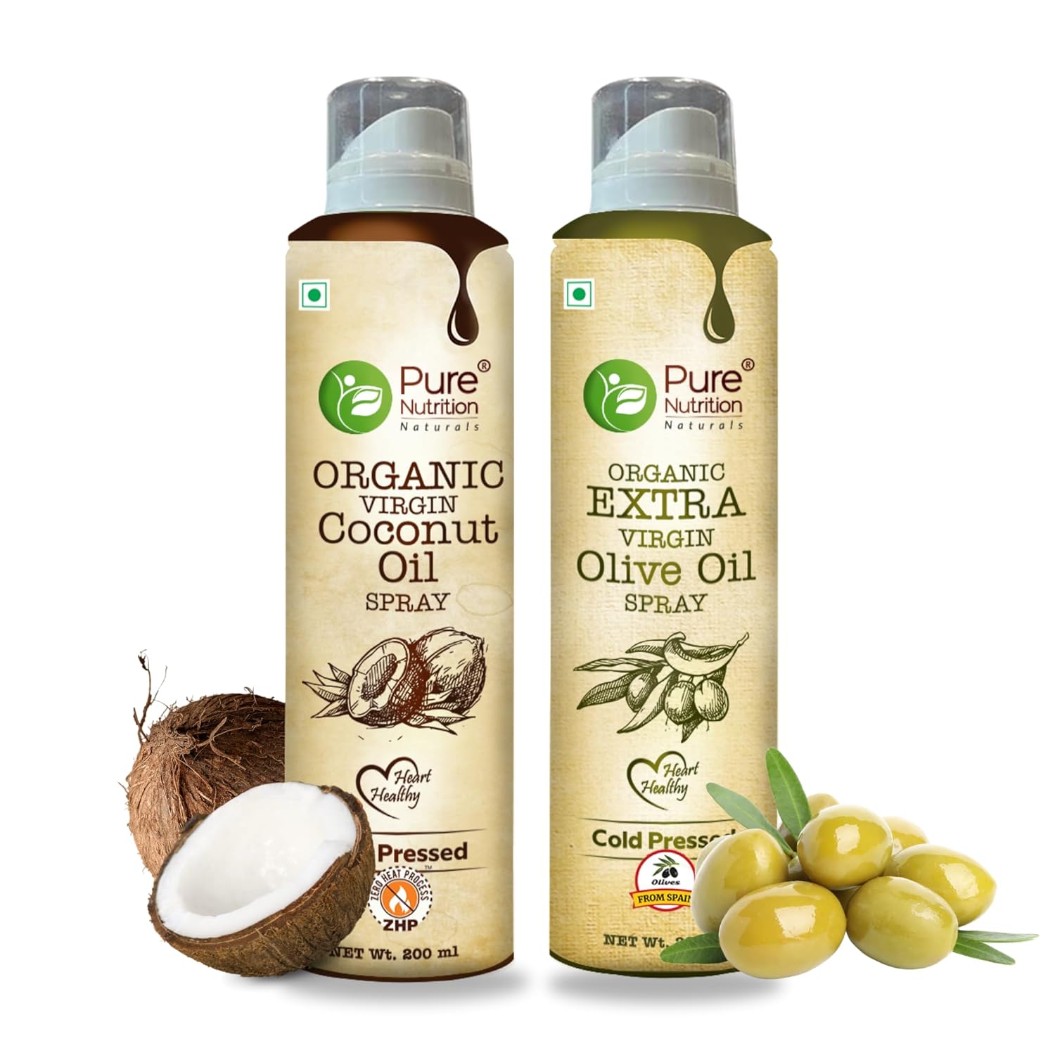 Pure Nutrition Combo Pack Of Virgin Coconut Oil & Virgin Olive Oil Spray - 200ml | 100% Organic | Low Calorie Cooking - 10X LESS Oil | For Coooking, Dressings, Baking & Air-Frying