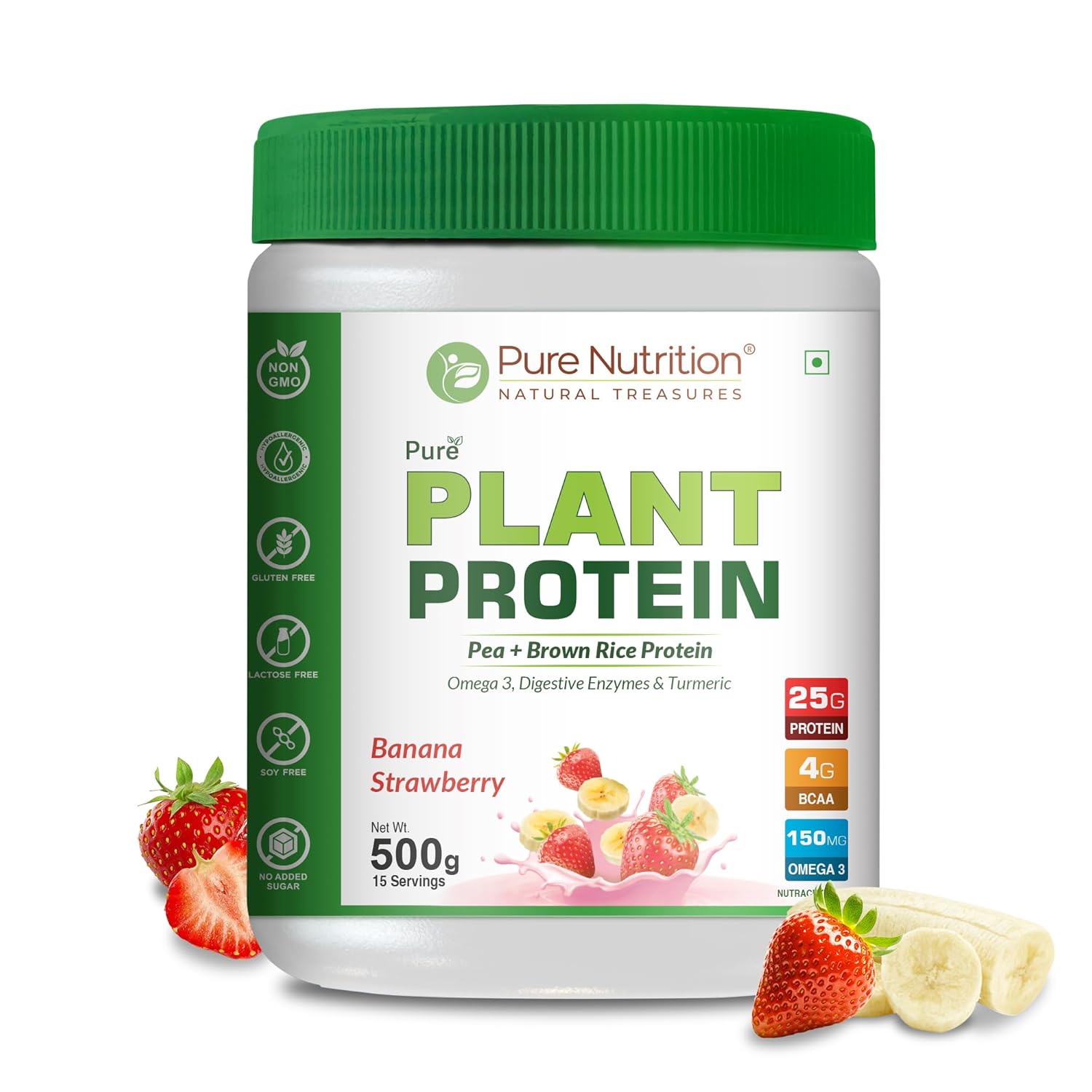 Pure Nutrition Plant Protein Powder -Banana & Strawberry (500g) for Men, Women, With Pea & Brown Rice Protein with Omega3, Digestive Enzymes & Turmeric | Plant-based, Vegan Supplement for Muscle Growth & Strength | No Artificial Sweeteners