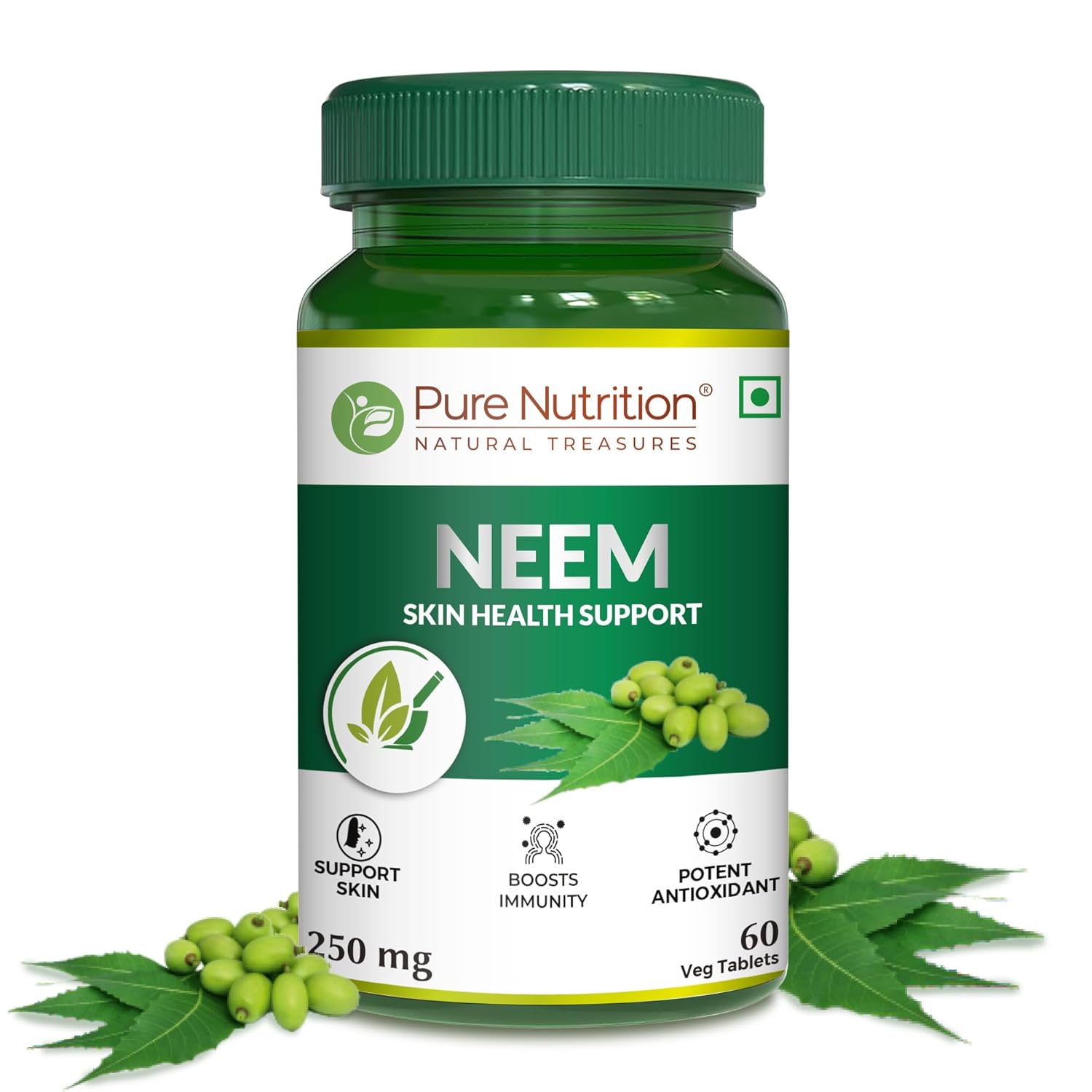 Pure Nutrition Neem Tablets | Natural Blood Purifier, Removes Toxins, Controls Acne & Pimples | Improves Skin Health | Supports Digestive & LIver Wellness, Detox | Boosts Immunity & Metabolism - 60 Tablets