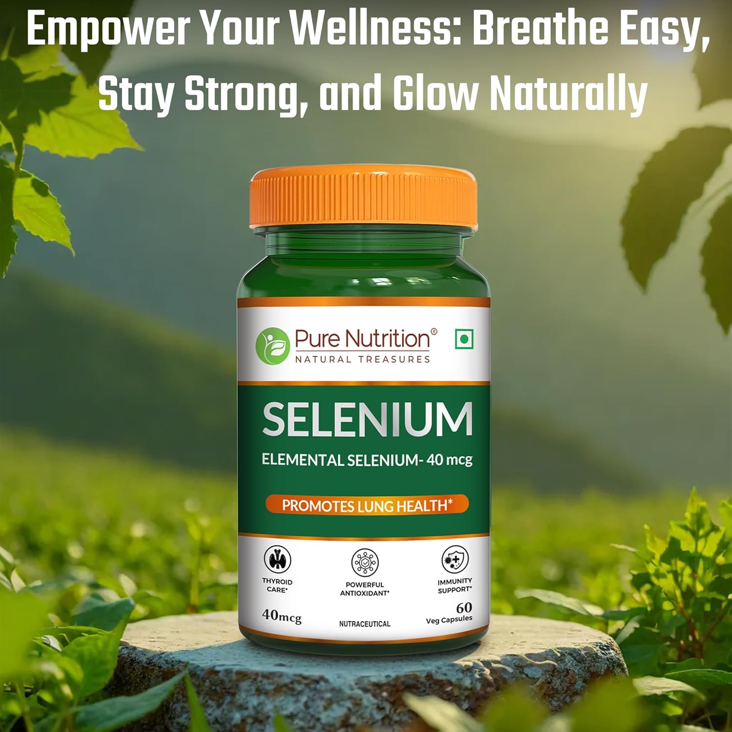 Pure Nutrition Selenium Capsules - 40mcg for Immune System, Supports Healthy Blood Pressure, Thyroid Health & Improves Cholesterol Levels - 60 Veg Capsules