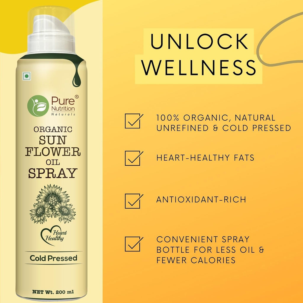 Pure Nutrition Sunflower Oil Cooking Spray - 200ml | 100% Pure & Edible | Healthy Cooking with 10X Less Oil | Ideal for Baking, Grilling & Frying | High Smoke Point | Light, Even Spray for Low-Calorie Meals & Heart Health