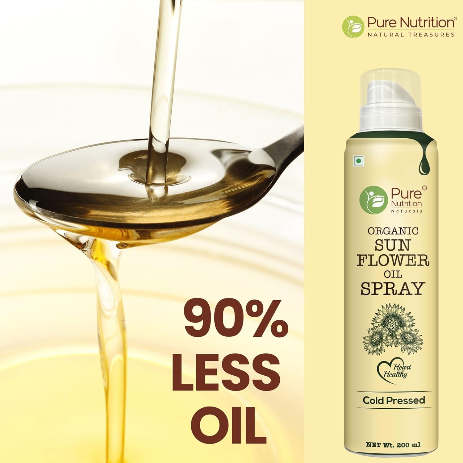 Pure Nutrition Sunflower Oil Cooking Spray - 200ml | 100% Pure & Edible | Healthy Cooking with 10X Less Oil | Ideal for Baking, Grilling & Frying | High Smoke Point | Light, Even Spray for Low-Calorie Meals & Heart Health