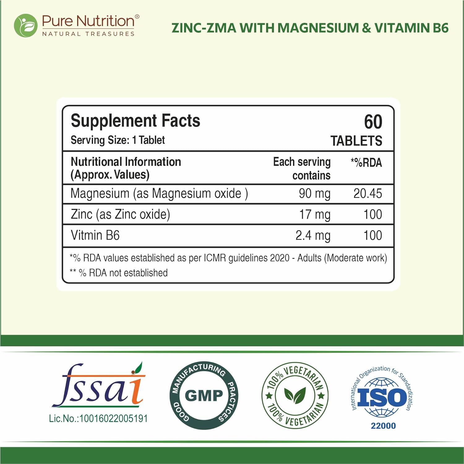 Pure Nutrition Zinc-ZMA 800 mg Veg Tablet with Magnesium & Vitamin B6 for Immunity, Bones & Muscles | Veg Tablet
