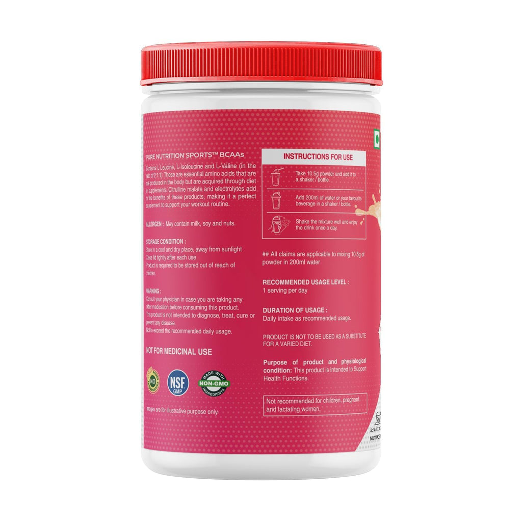 Pure Nutrition Sports BCAA supplement 2:1:1 (250g) Lychee with L-Glutamine, Grapeseed & Piperine Extract, Sugar Free Amino Acid Supplement, Workout Muscle Recovery Drink for Muscle Growth, 23 Servings
