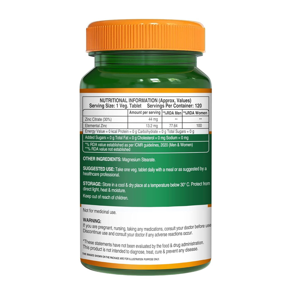 Pure Nutrition Zinc Citrate Tablets 44mg | High Absorption Zinc Supplement for Immunity, Blood Sugar & Bone Health | Supports Muscle Recovery, Skin Glow, Hair Strength & Nail Growth | Essential Mineral for Overall Wellness – 120 Veg Tablets
