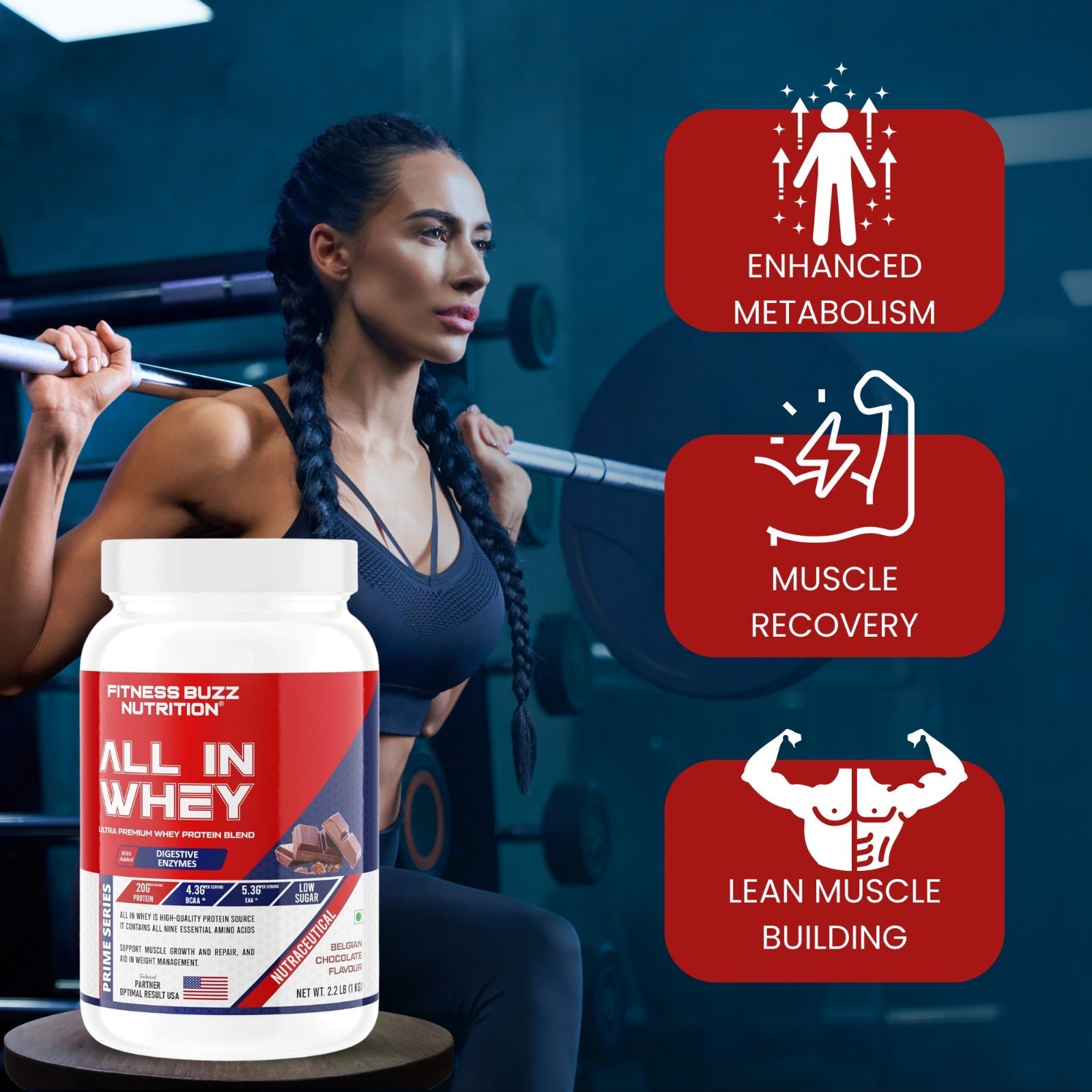 Fitness Buzz Nutrition I Prime Series I All in Whey with Added Digestive Enzymes I 20G Protein Per Serving I 4.3 BCAA Per Serving I 5.3G EAA Per Serving I Low Sugar I Nutraceutical I Veg I Belgian Chocolate