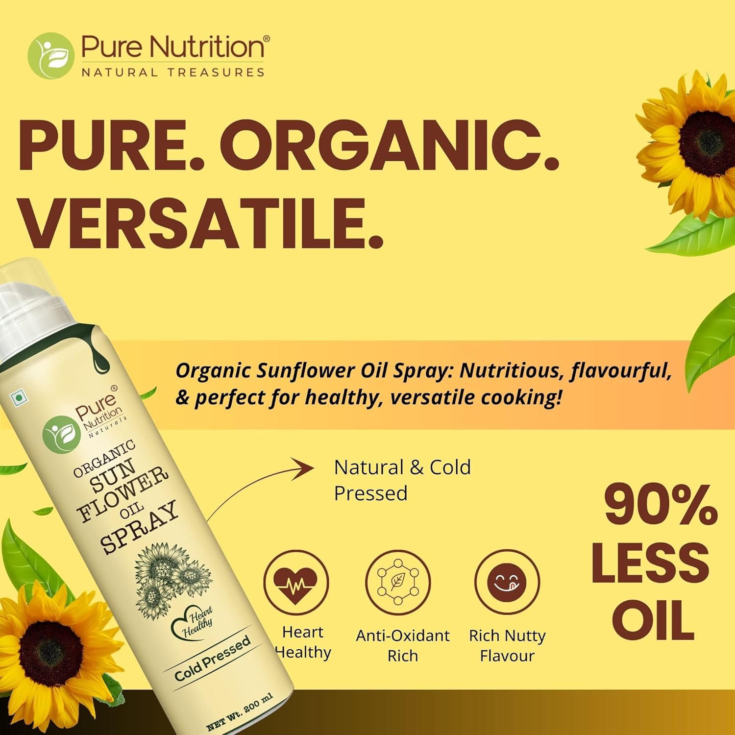 Pure Nutrition Sunflower Oil Cooking Spray - 200ml | 100% Pure & Edible | Healthy Cooking with 10X Less Oil | Ideal for Baking, Grilling & Frying | High Smoke Point | Light, Even Spray for Low-Calorie Meals & Heart Health