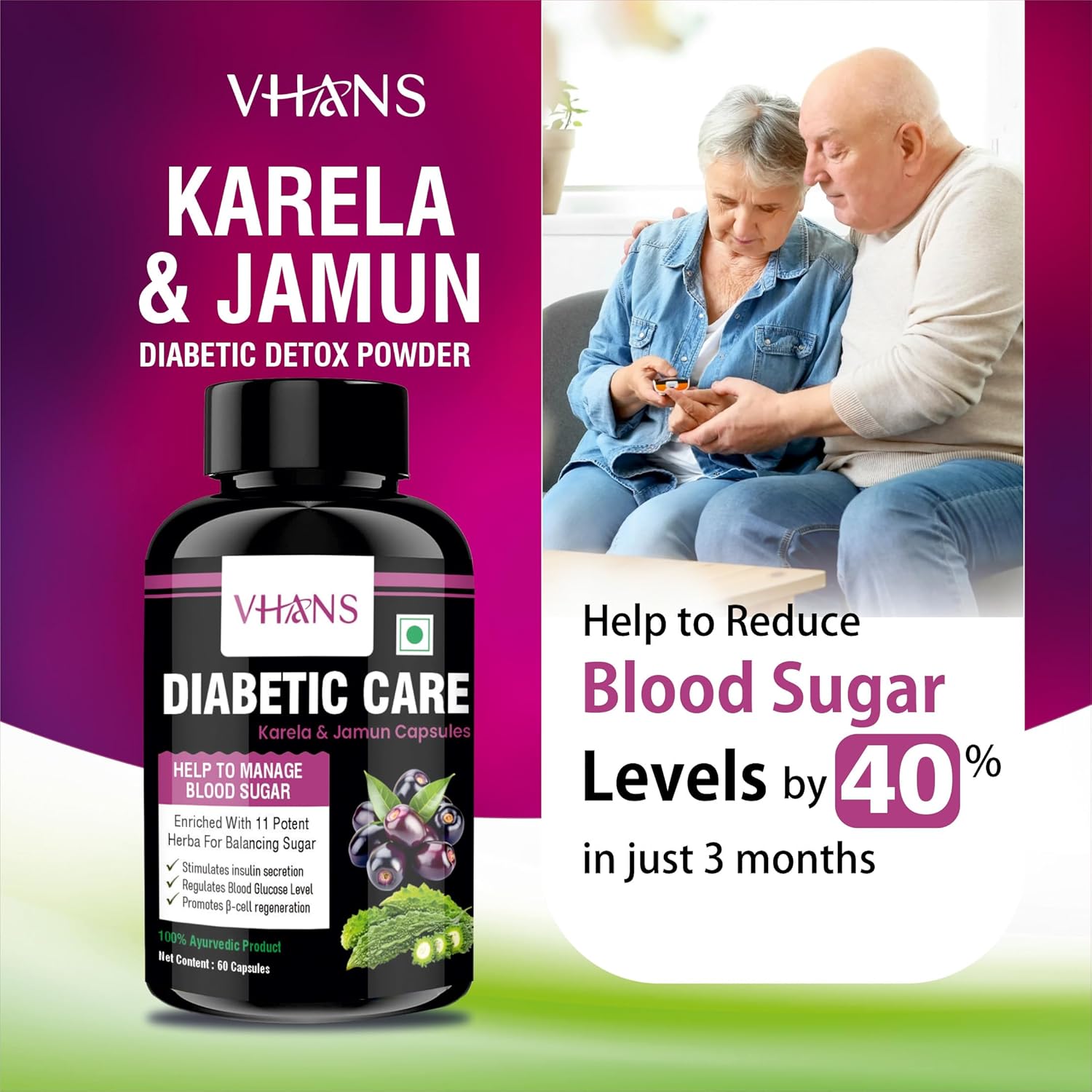 Diabetes Care Karela, Jamun Capsule Helps to Manage Blood Sugar (60 Capsules)