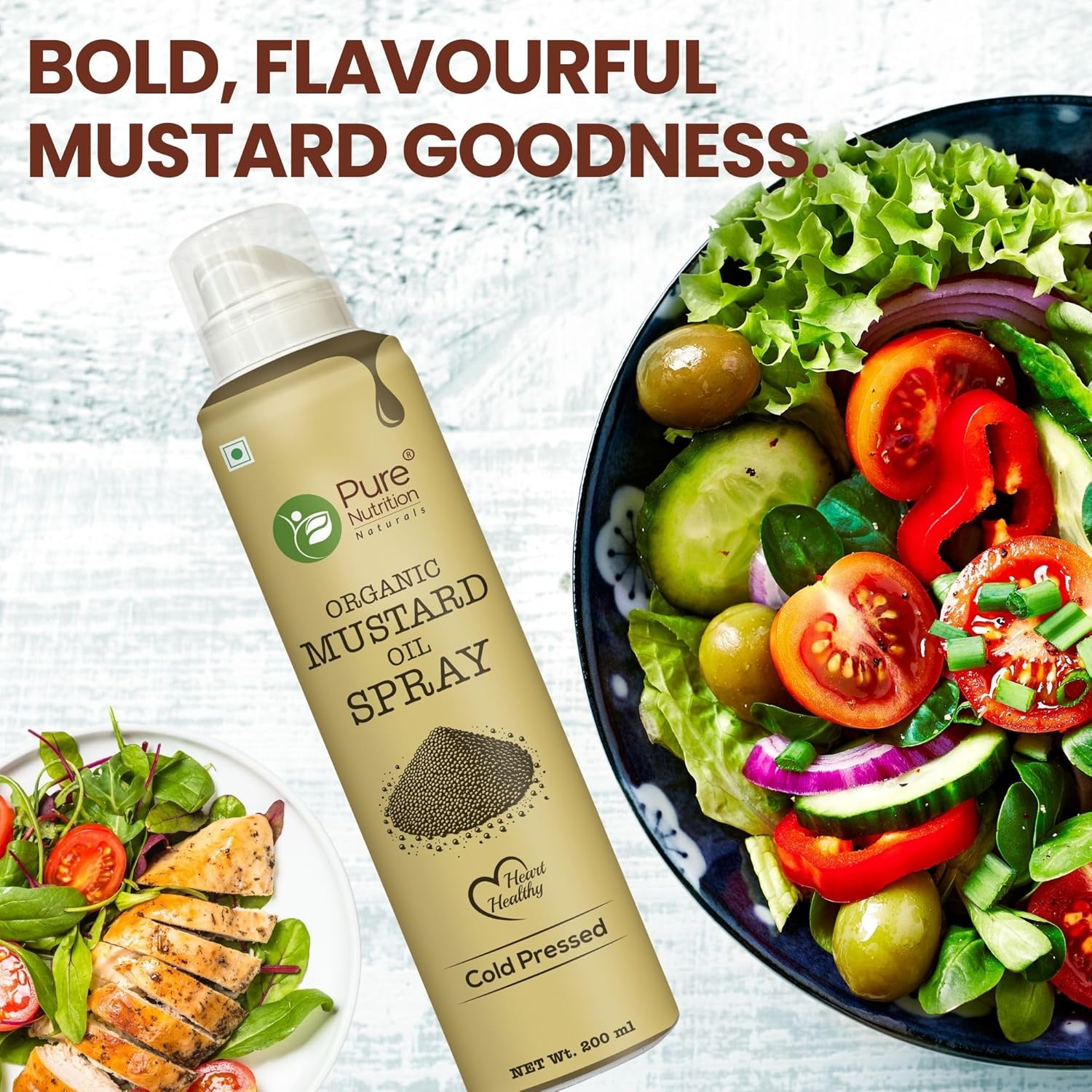 Pure Nutrition Organic Mustard Oil Spray - 200ml | 100% Pure, Natural & Cold-Pressed | Cook Healthy with 10X Less Oil | Ideal for Sautéing & Grilling | Supports Heart Health | Naturally Cholesterol-Free & Rich in Omega-3