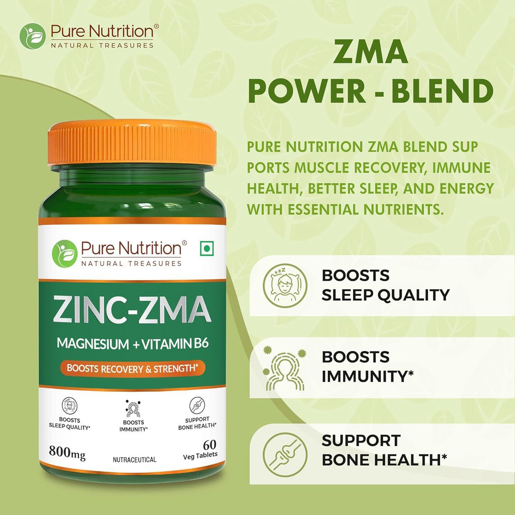 Pure Nutrition Zinc-ZMA 800 mg Veg Tablet with Magnesium & Vitamin B6 for Immunity, Bones & Muscles | Veg Tablet