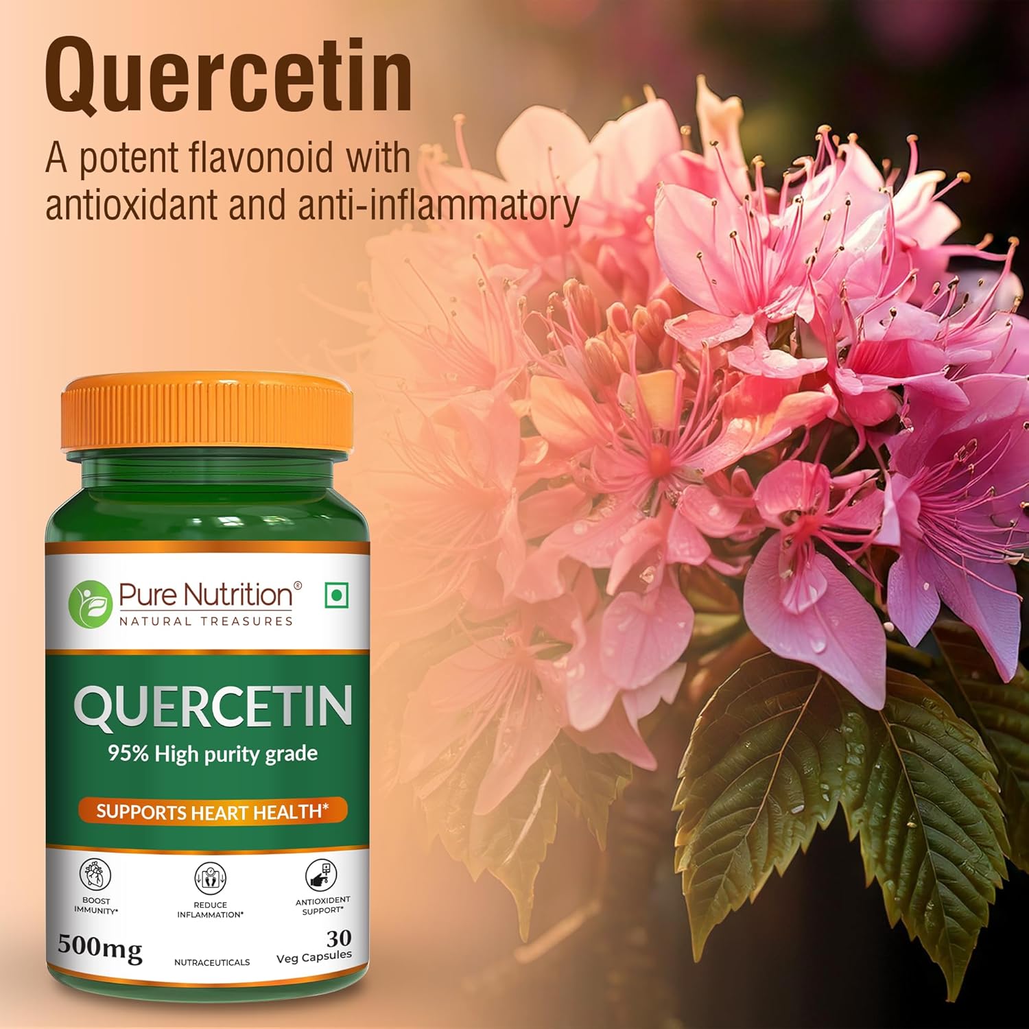 Pure Nutrition Quercetin Capsules 500mg - High Purity 95% Extract | Supports Immunity, Reduces Inflammation, Boosts Antioxidant Defenses & Promotes Heart Health | Helps Respiratory Health & Seasonal Allergy Relief - 30 Veg Capsules