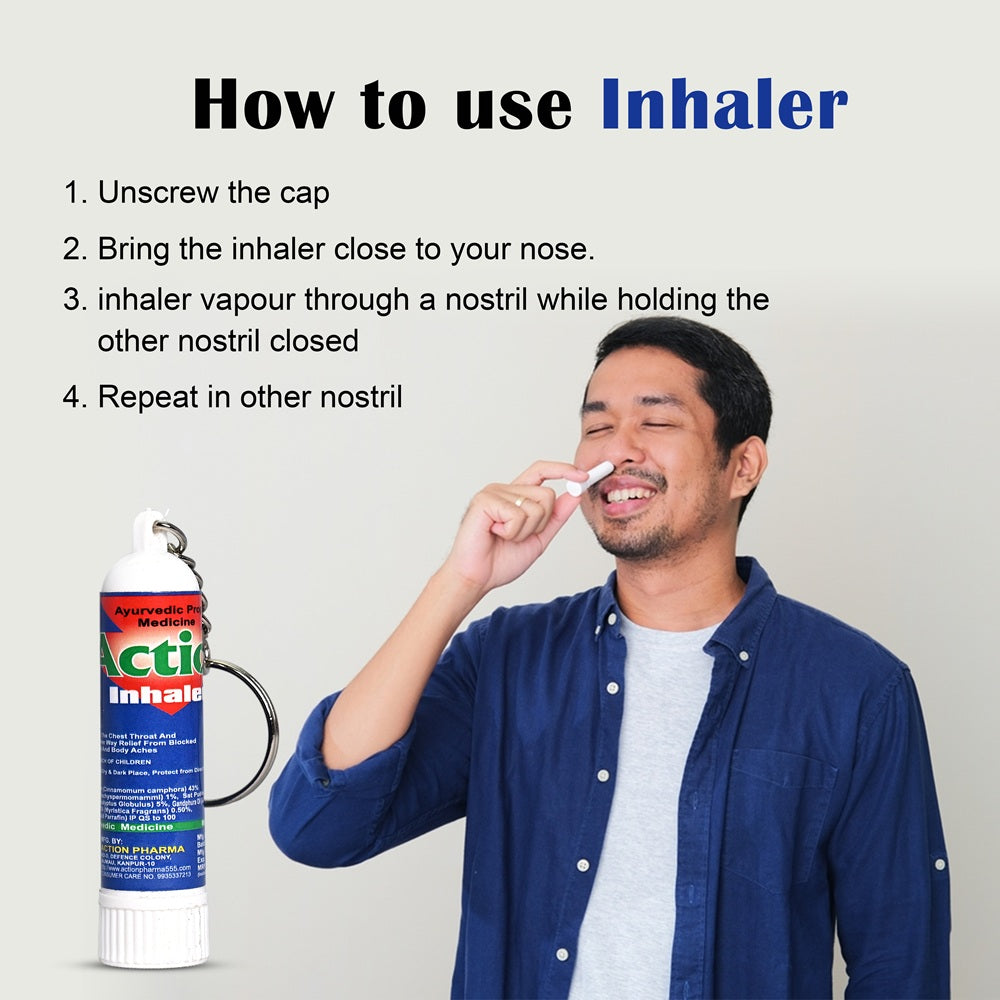 Action Pharma Action Inhaler -  Ayurvedic Proprietary Medicine | GMP Certified Company | Effective on the Chest Throat and Back for Three Way Relief from Blocked Nose, Cough and Body Aches | 0.5 ML