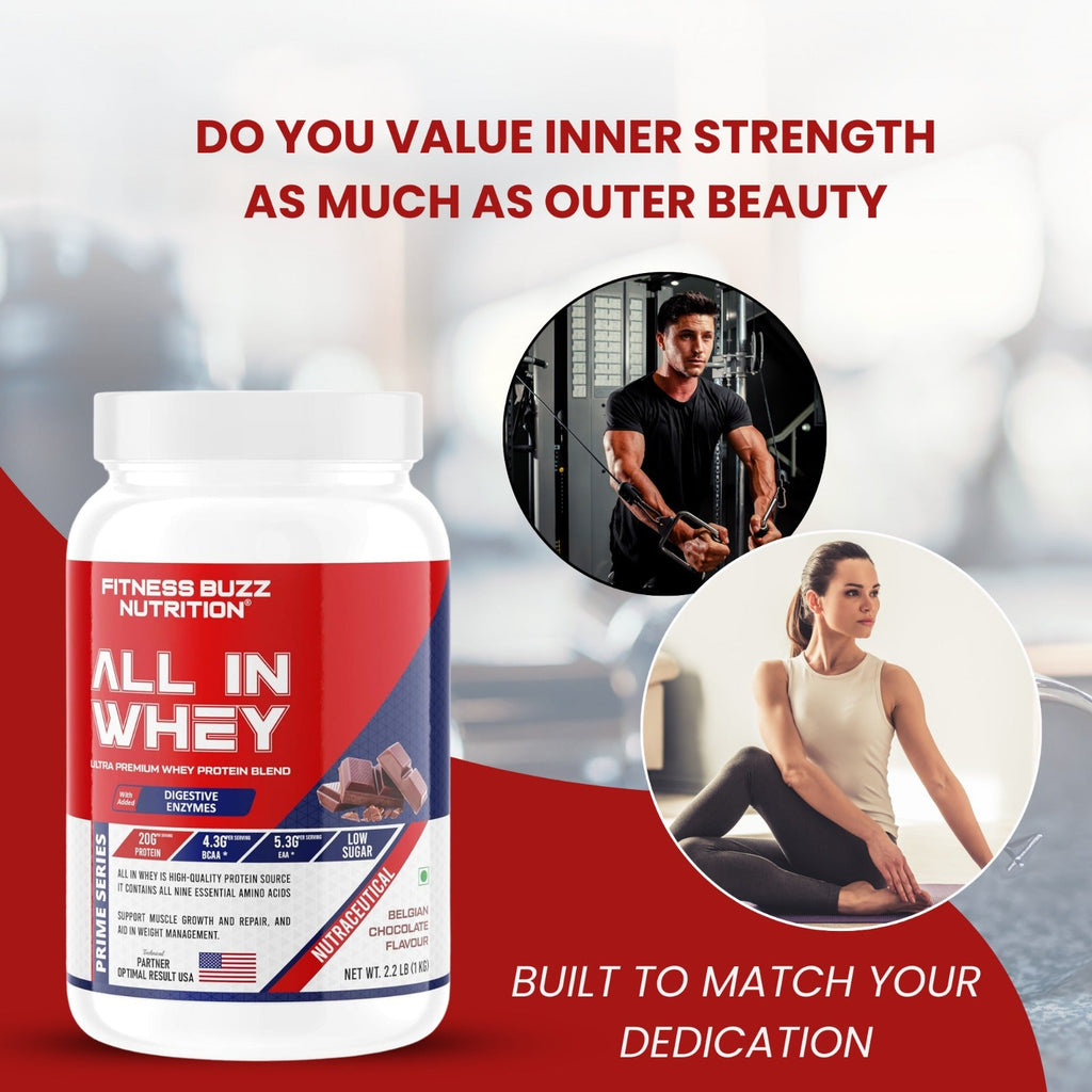 Fitness Buzz Nutrition I Prime Series I All in Whey with Added Digestive Enzymes I 20G Protein Per Serving I 4.3 BCAA Per Serving I 5.3G EAA Per Serving I Low Sugar I Nutraceutical I Veg I Belgian Chocolate