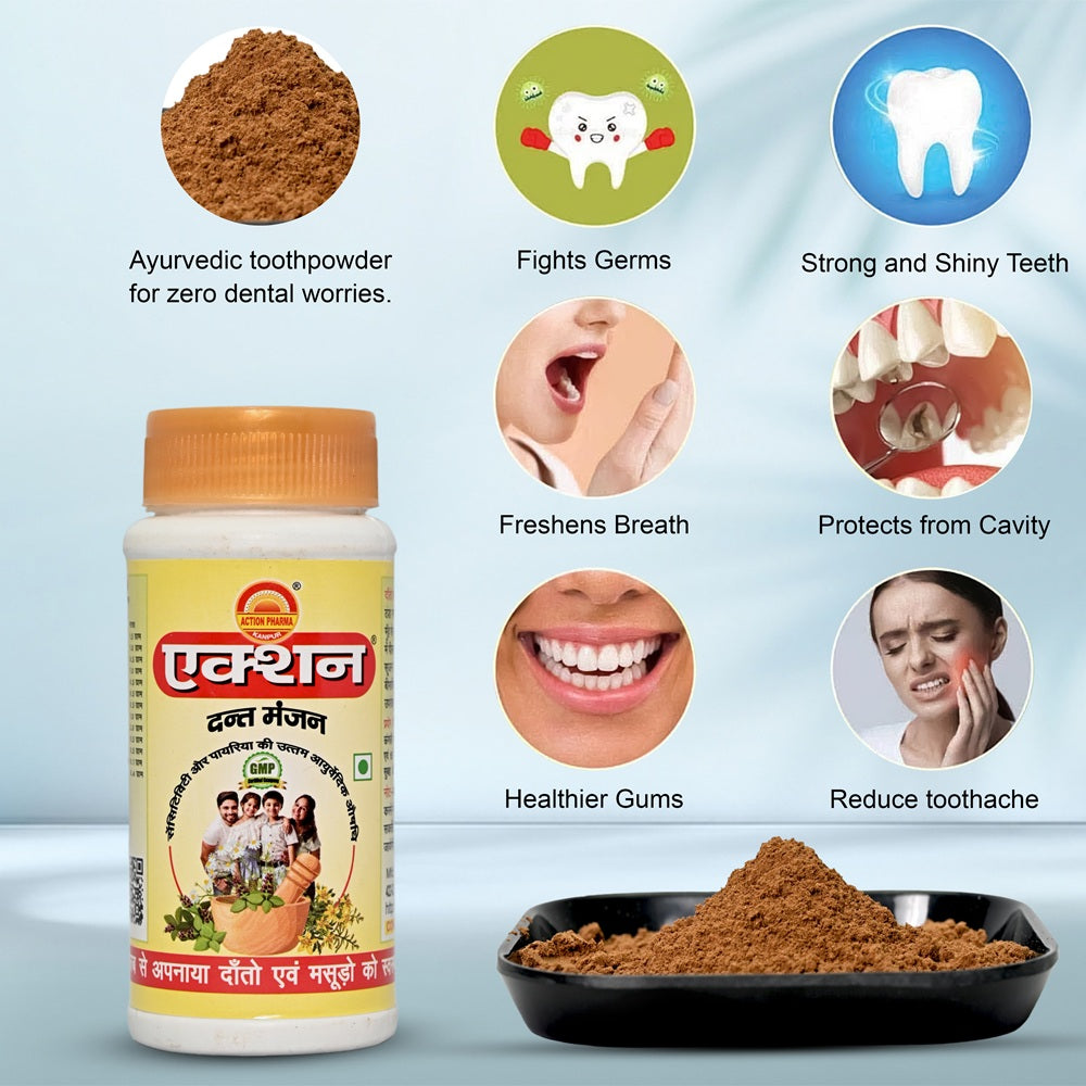 Action Pharma Action Dant Manjan - Best Ayurvedic Medicines for Tooth Sensitivity and Pyorrhea (Gum Disease) | It has made My Teeth and Gums Healthy and Strong | 40 GM