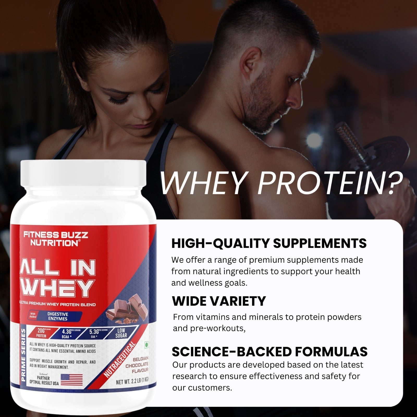 Fitness Buzz Nutrition All in Whey with Added Digestive Enzymes I 20G Protein Per Serving I 4.3 BCAA Per Serving I 5.3G EAA Per Serving I Low Sugar I Nutraceutical I Veg I Malai Kulfi