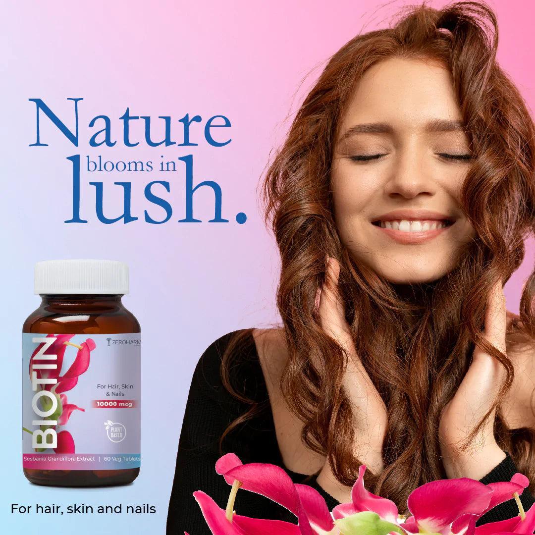 ZEROHARM Biotin 10000 mcg for Hair Growth - Vitamin B7 from Sesbania Grandiflora - Supports Skin Hydration & Nail Strength - For Men & Women - 60 Veg Tablets