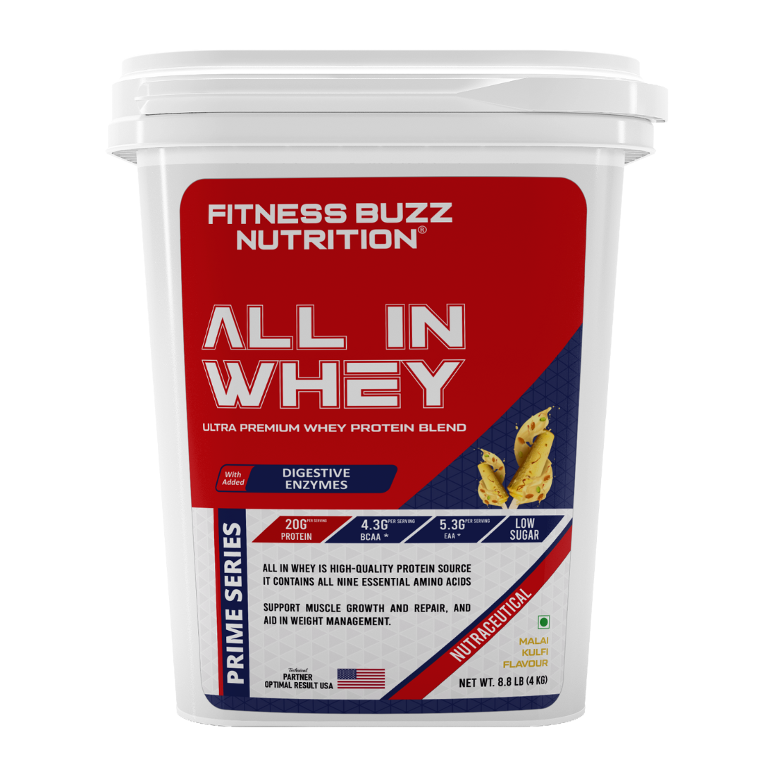 Fitness Buzz Nutrition All in Whey with Added Digestive Enzymes I 20G Protein Per Serving I 4.3 BCAA Per Serving I 5.3G EAA Per Serving I Low Sugar I Nutraceutical I Veg I Malai Kulfi