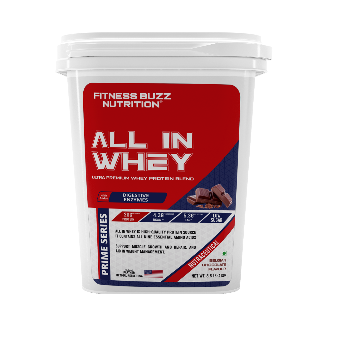 Fitness Buzz Nutrition I Prime Series I All in Whey with Added Digestive Enzymes I 20G Protein Per Serving I 4.3 BCAA Per Serving I 5.3G EAA Per Serving I Low Sugar I Nutraceutical I Veg I Belgian Chocolate