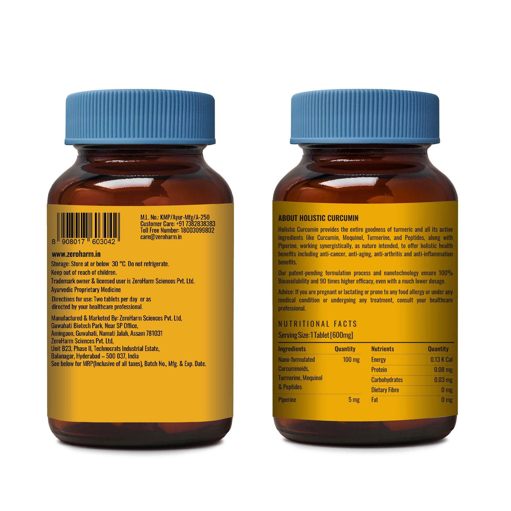 ZEROHARM Holistic Calcium + Curcumin - Milk Based Calcium With Magnesium, Vitamins D3, K2-7 - For Bone, Joint & Muscle Support - Plant-Based Herbal Supplement for Men and Women - 60 Tablets