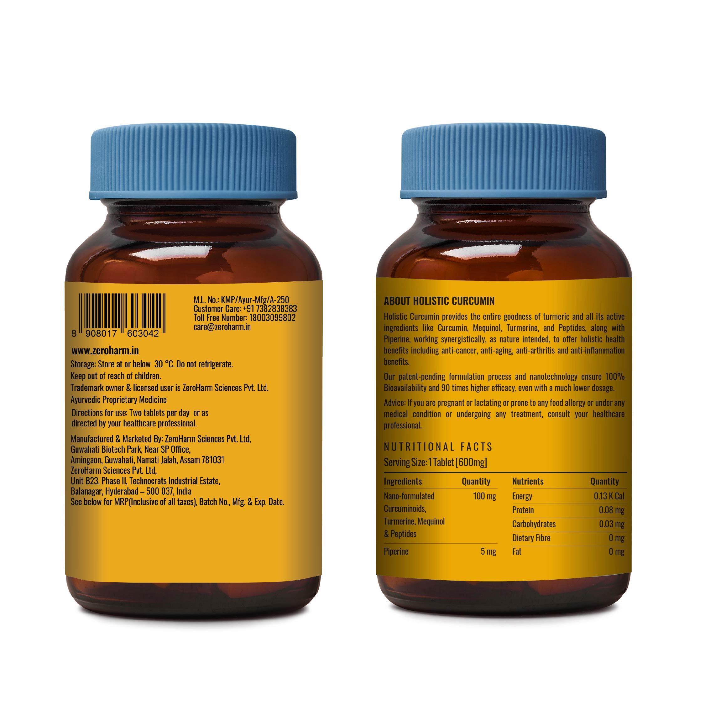 ZEROHARM Holistic Calcium + Curcumin - Milk Based Calcium With Magnesium, Vitamins D3, K2-7 - For Bone, Joint & Muscle Support - Plant-Based Herbal Supplement for Men and Women - 60 Tablets