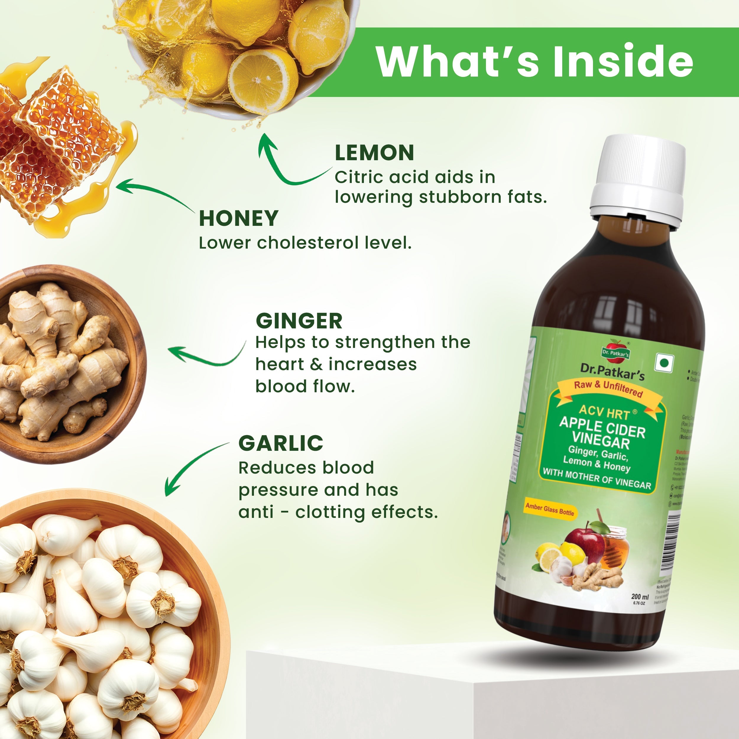 Dr. Patkar's Apple Cider Vinegar with Garlic, Ginger, Lemon and Honey | Raw & Unfiltered for Weight loss