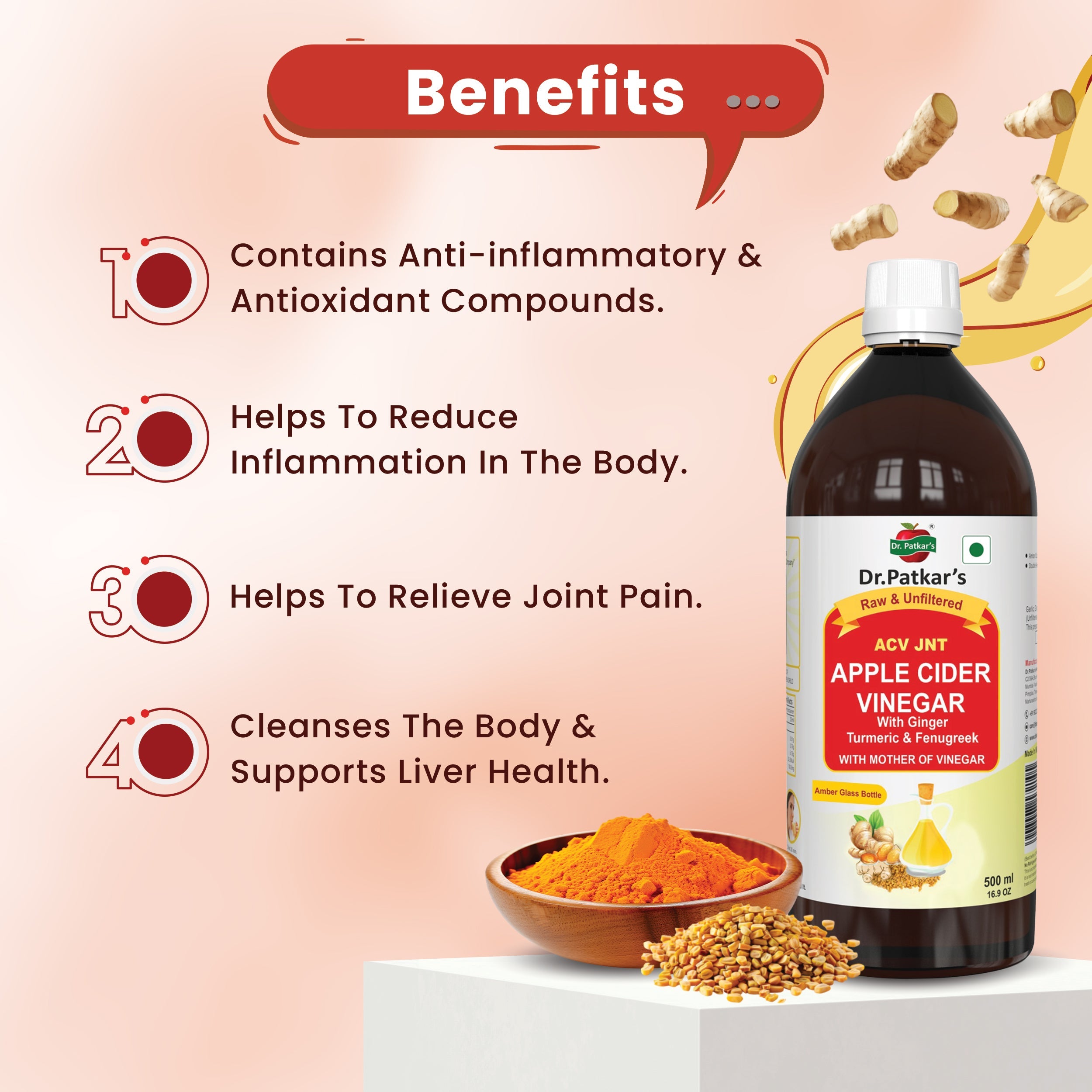 Dr. Patkar's Apple Cider Vinegar Ginger, Turmeric & Fenugreek with the Mother (500ml Each)