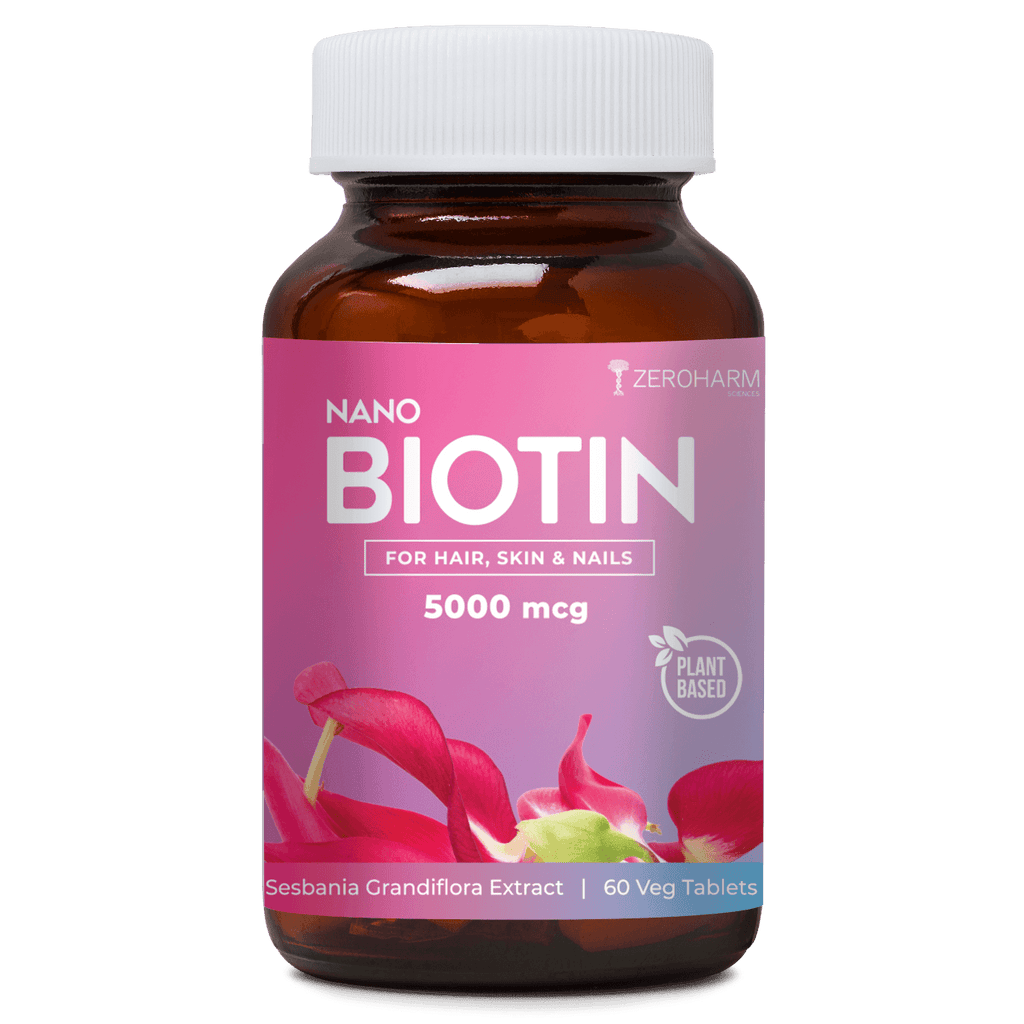ZEROHARM Biotin Tablets for Hair Growth - Vitamin B7 from Sesbania Grandiflora - Supports Skin Hydration & Nail Strength - For Men & Women - Nano Formulated 60 Veg Tablets