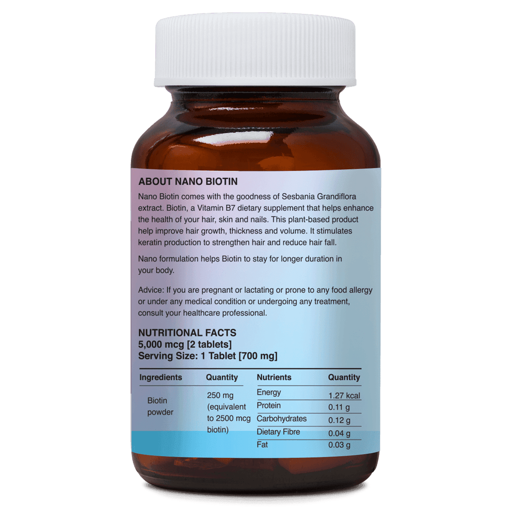 ZEROHARM Biotin Tablets for Hair Growth - Vitamin B7 from Sesbania Grandiflora - Supports Skin Hydration & Nail Strength - For Men & Women - Nano Formulated 60 Veg Tablets