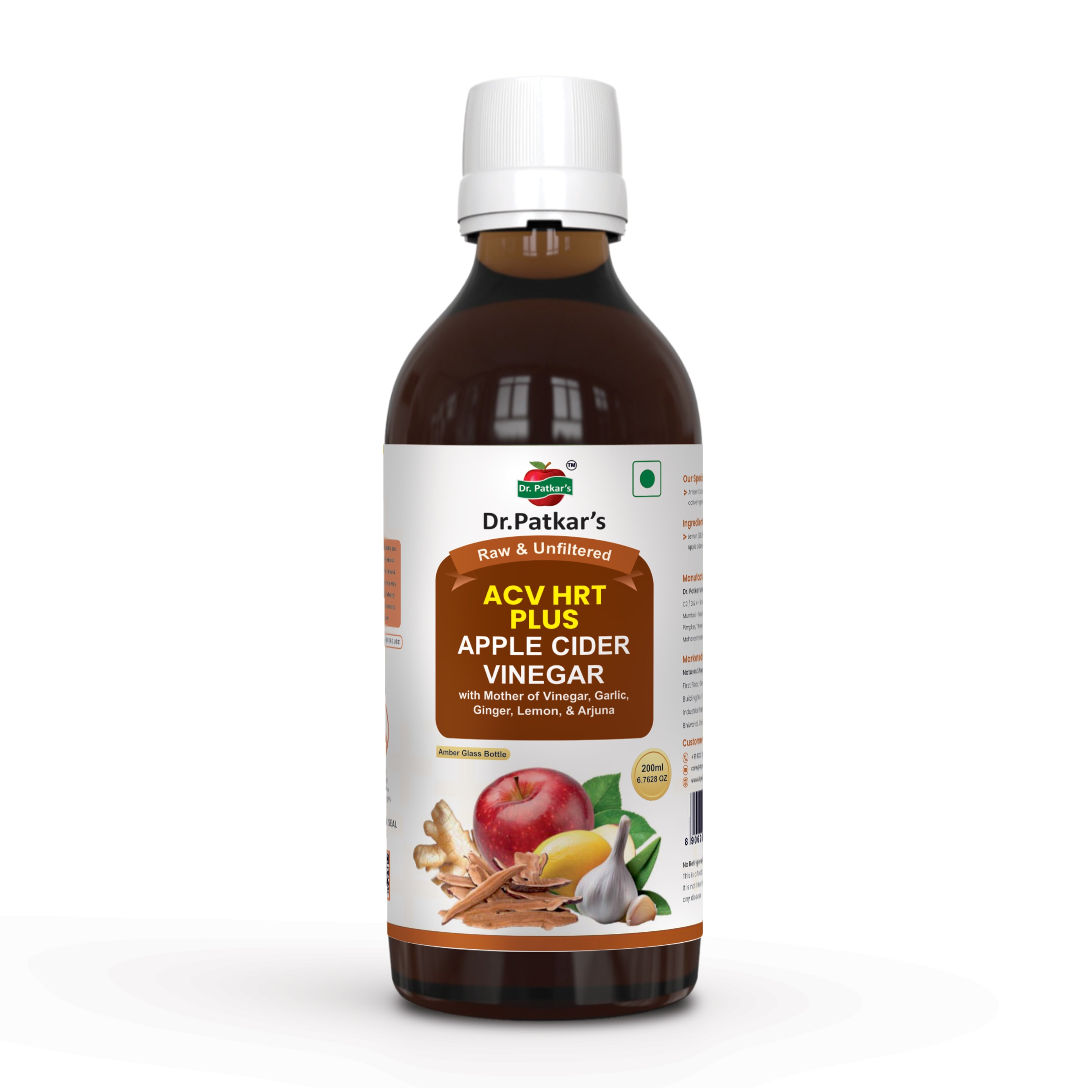 Dr. Patkar's Apple Cider Vinegar with Ginger, Garlic, Lemon & Arjuna (ACV HRT PLUS) + Formula Morning Detox Tonic Heart, Immunity & Digestion Support 200 ML (Pack of 1)