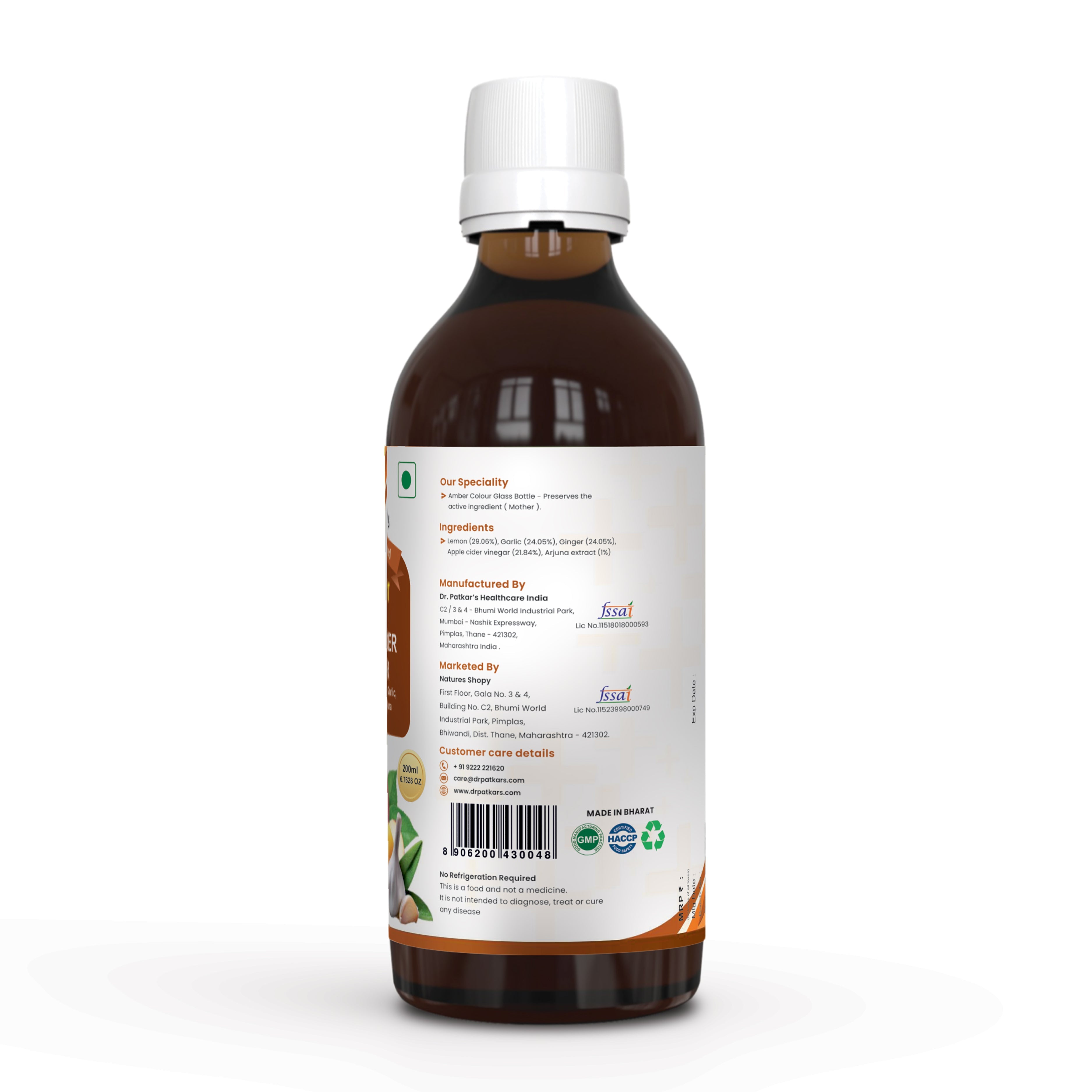 Dr. Patkar's Apple Cider Vinegar with Ginger, Garlic, Lemon & Arjuna (ACV HRT PLUS) + Formula Morning Detox Tonic Heart, Immunity & Digestion Support 200 ML (Pack of 1)