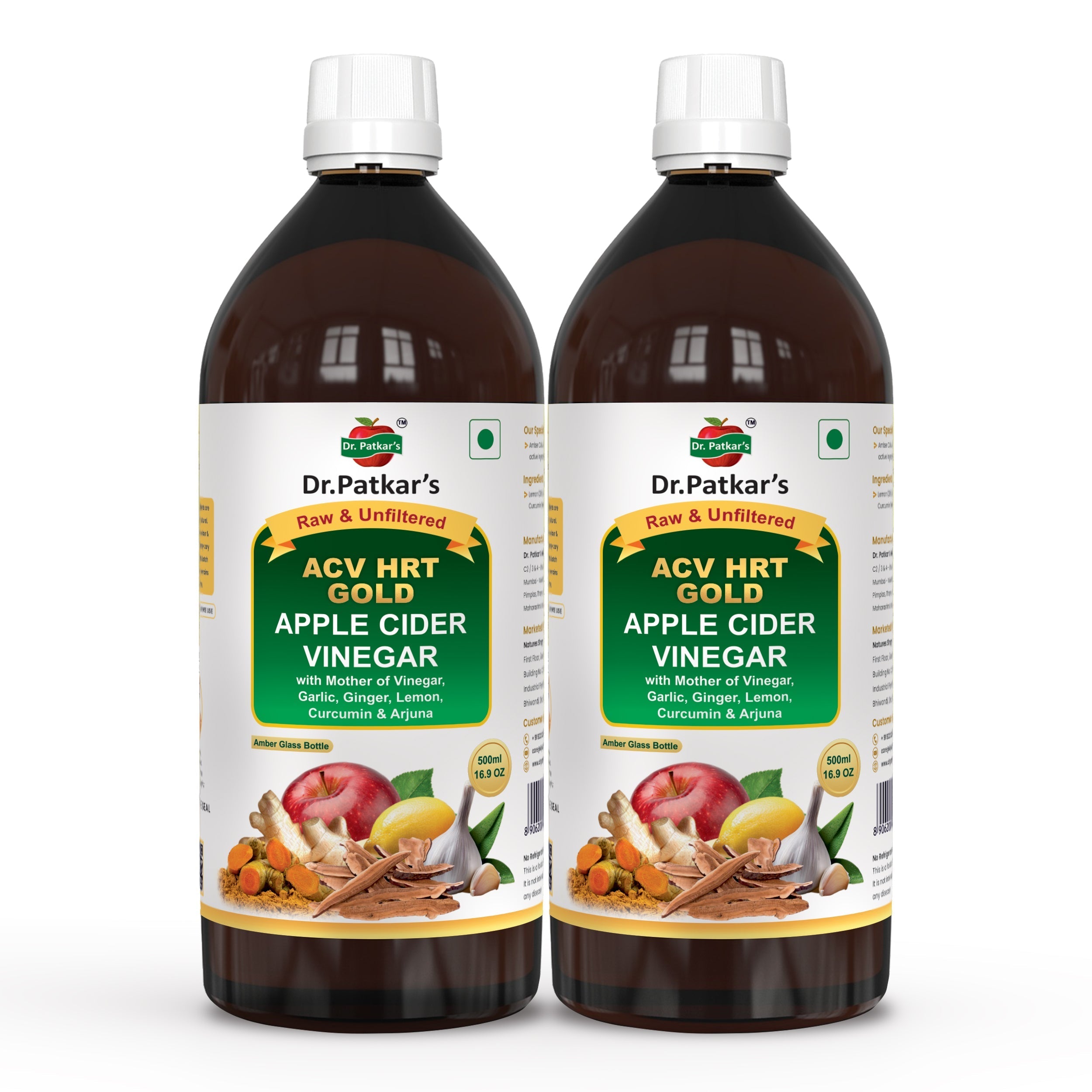 Dr. Patkar's ACV HRT GOLD | Apple Cider Vinegar with Arjuna, Curcumin, Ginger, Garlic & Lemon | 2X Formula Health Shot | Immunity, Heart & Gut Support | Raw & Unfiltered (1000 ML)