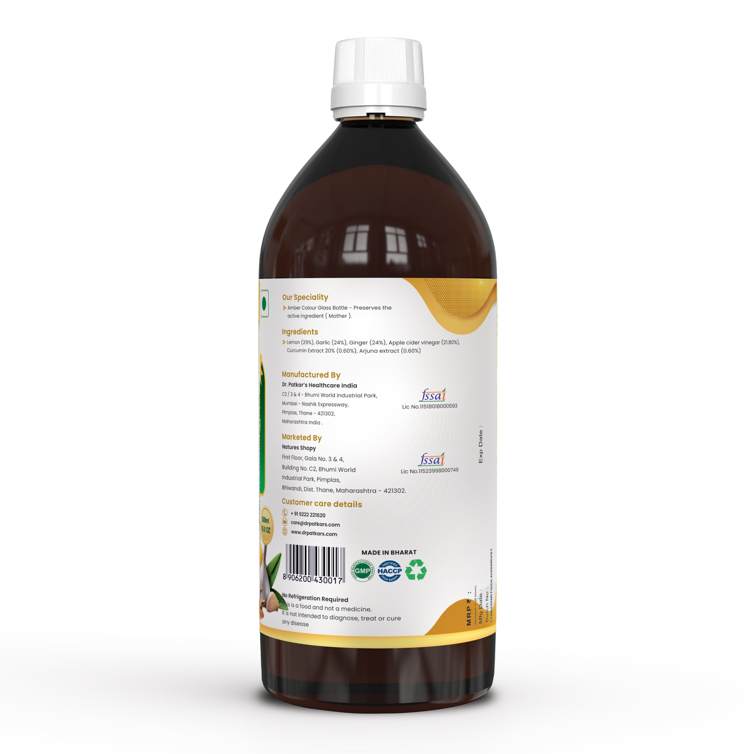Dr. Patkar's ACV HRT GOLD | Apple Cider Vinegar with Arjuna, Curcumin, Ginger, Garlic & Lemon | 2X Formula Health Shot |Cholesterol Care| Immunity, Heart & Gut Support | Raw & Unfiltered (500 ML)