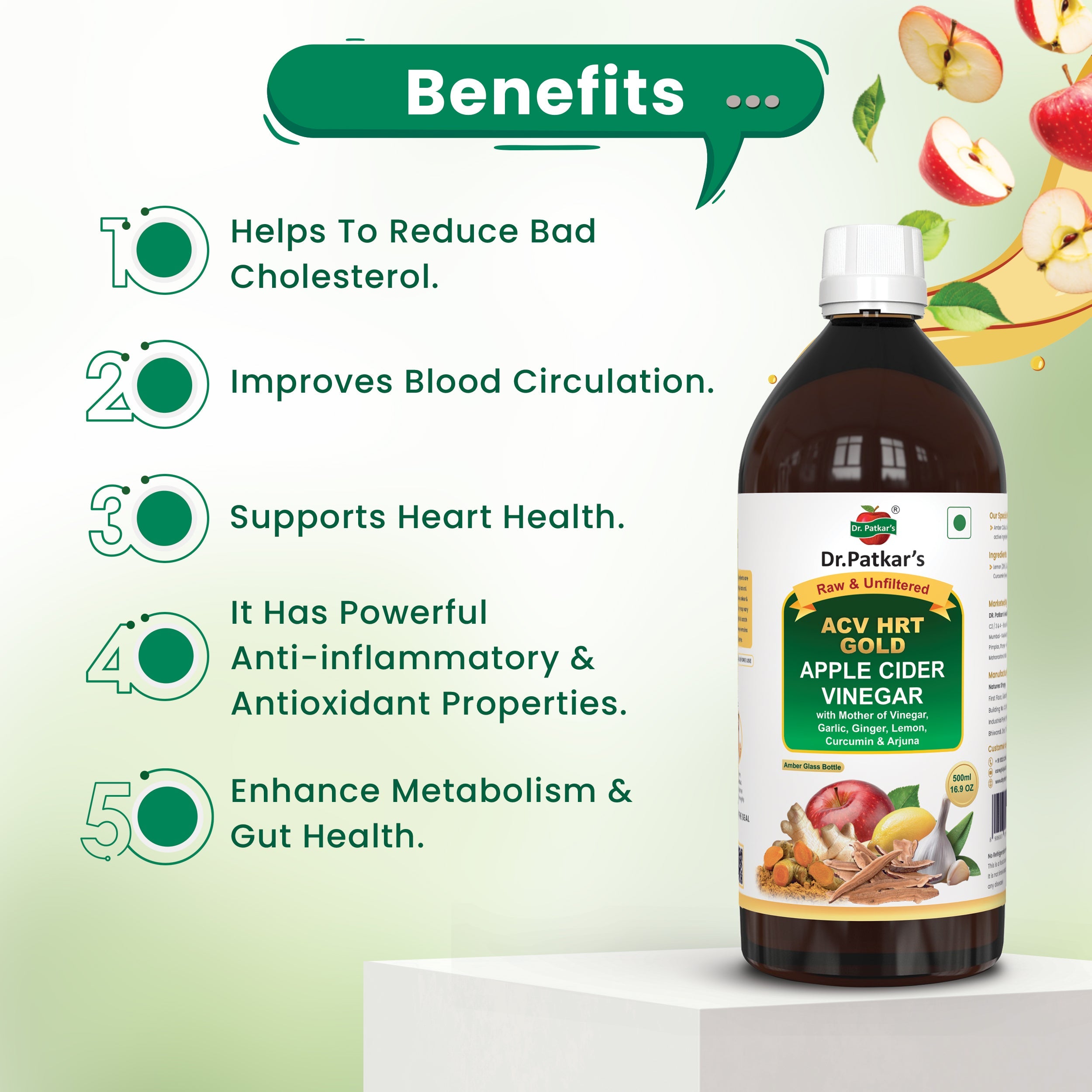 Dr. Patkar's ACV HRT GOLD | Apple Cider Vinegar with Arjuna, Curcumin, Ginger, Garlic & Lemon | 2X Formula Health Shot |Cholesterol Care| Immunity, Heart & Gut Support | Raw & Unfiltered (500 ML)